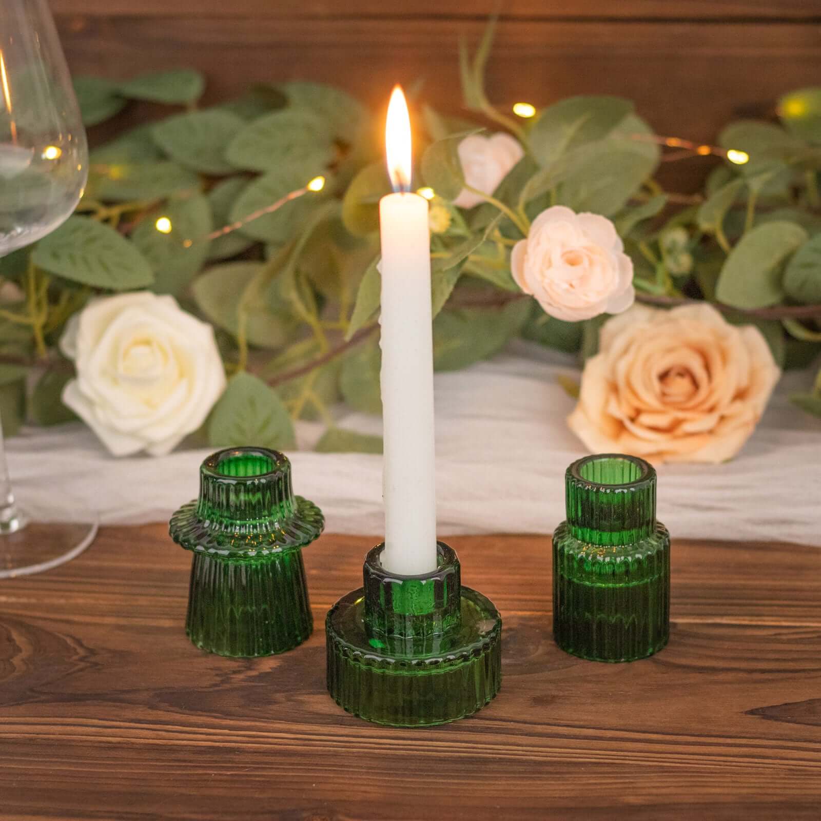 Set of 6 Glass Taper Candle Holders 3" Ribbed Crystal Design Hunter Emerald Green - Reversible Mini Votive Tealight Stands - Image 8