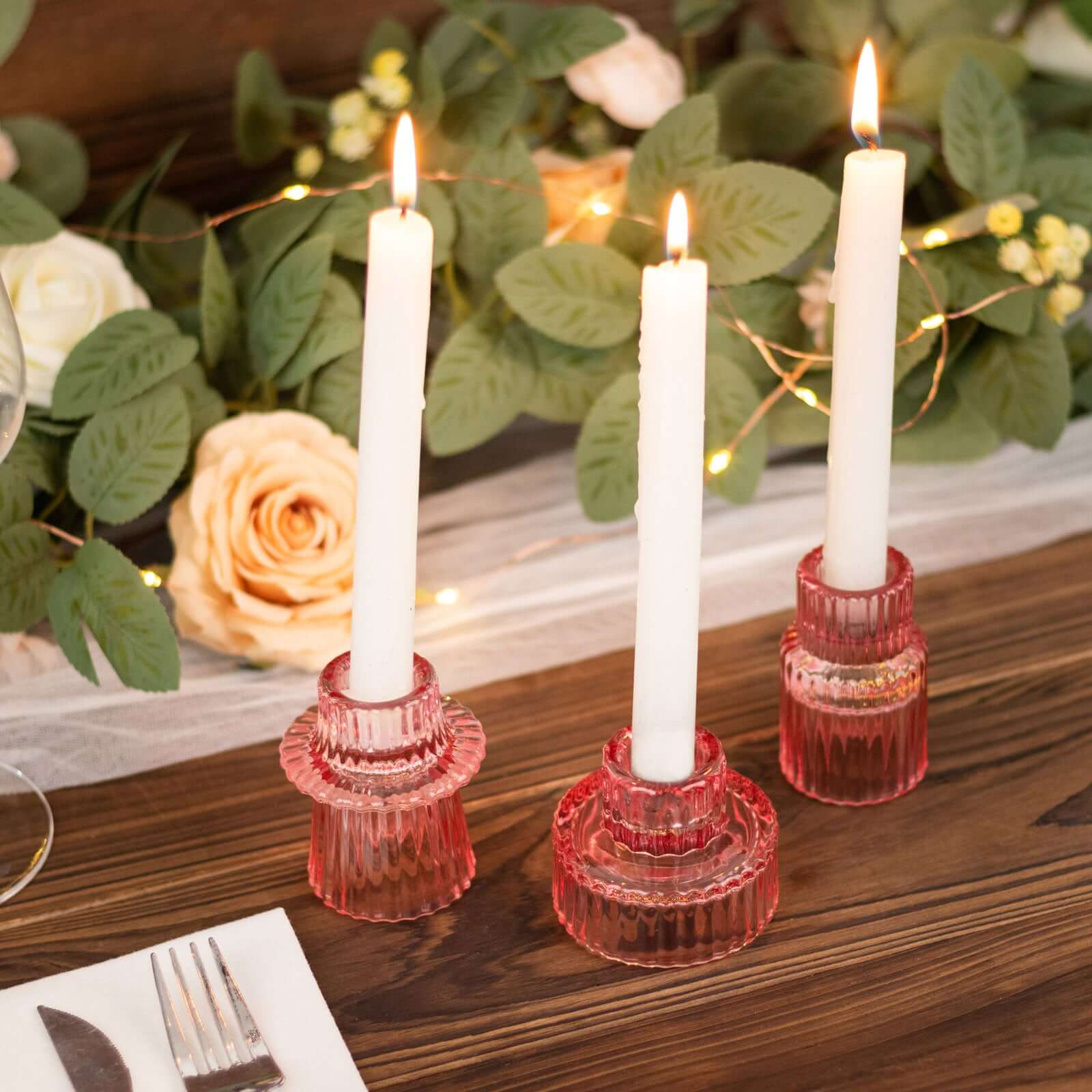 Set of 6 Glass Taper Candle Holders 3" Ribbed Crystal Design Pink - Reversible Mini Votive Tealight Stands