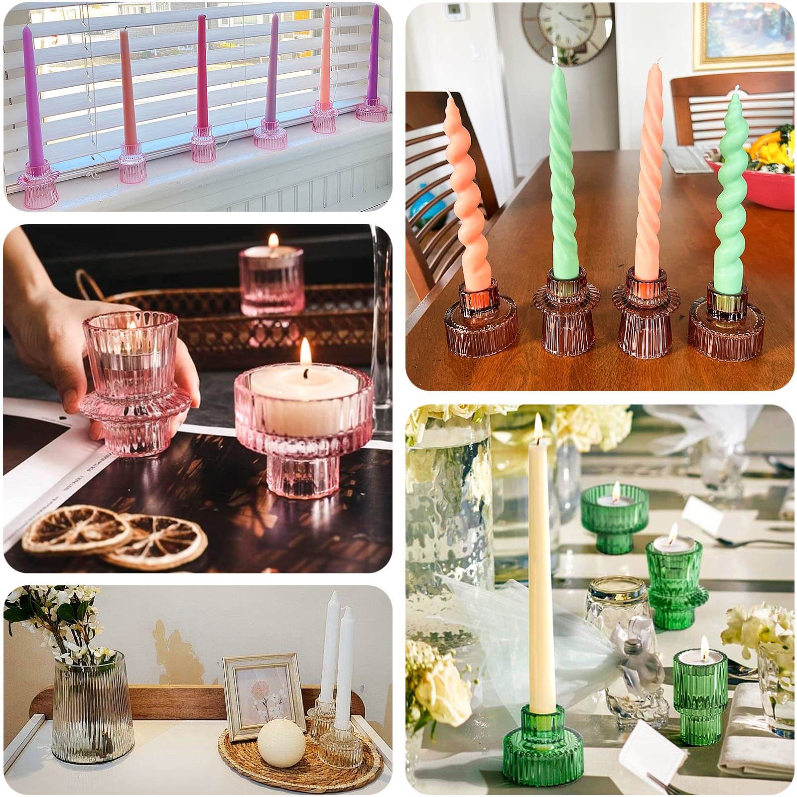 Set of 6 Glass Taper Candle Holders 3" Ribbed Crystal Design Pink - Reversible Mini Votive Tealight Stands - Image 5