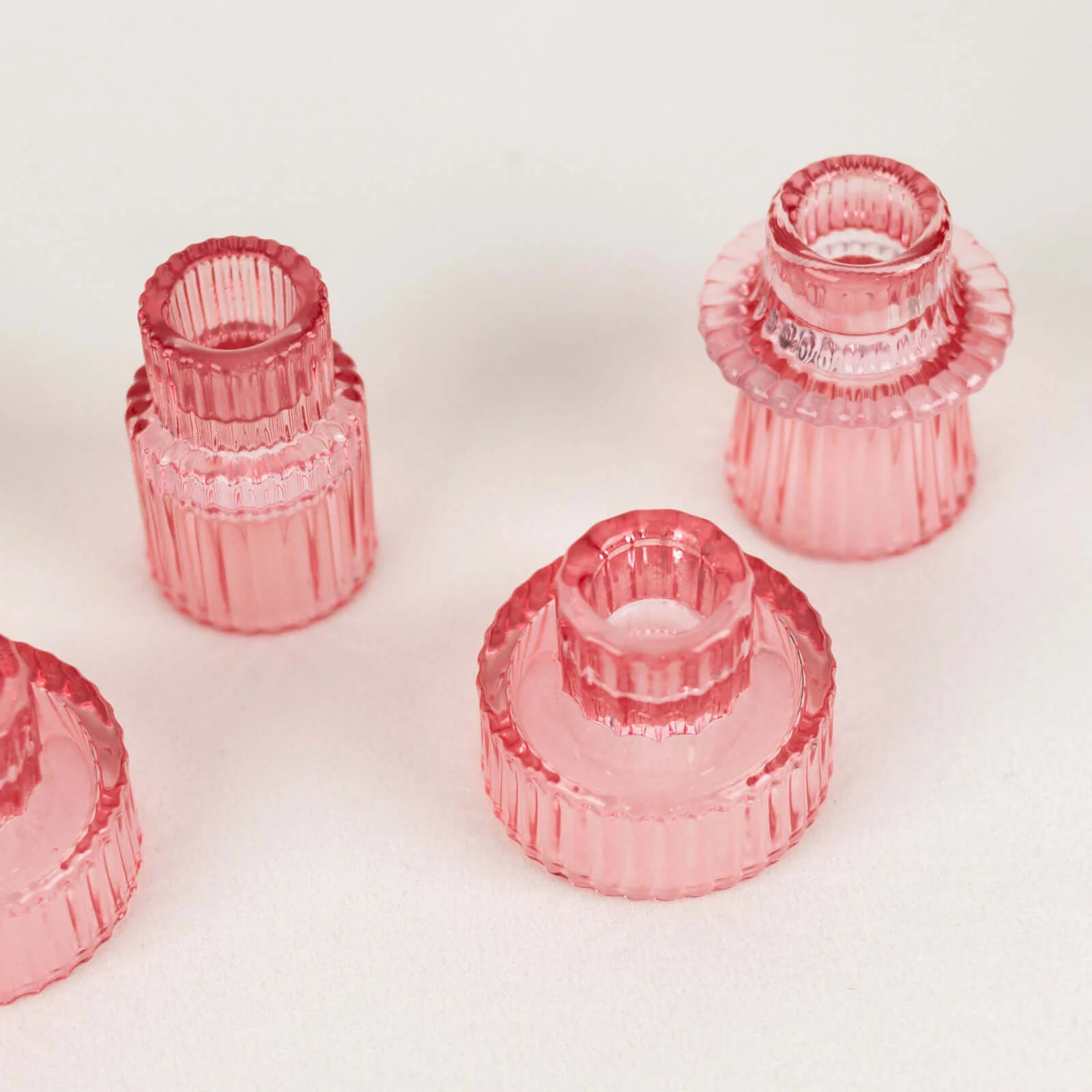 Set of 6 Glass Taper Candle Holders 3" Ribbed Crystal Design Pink - Reversible Mini Votive Tealight Stands - Image 6