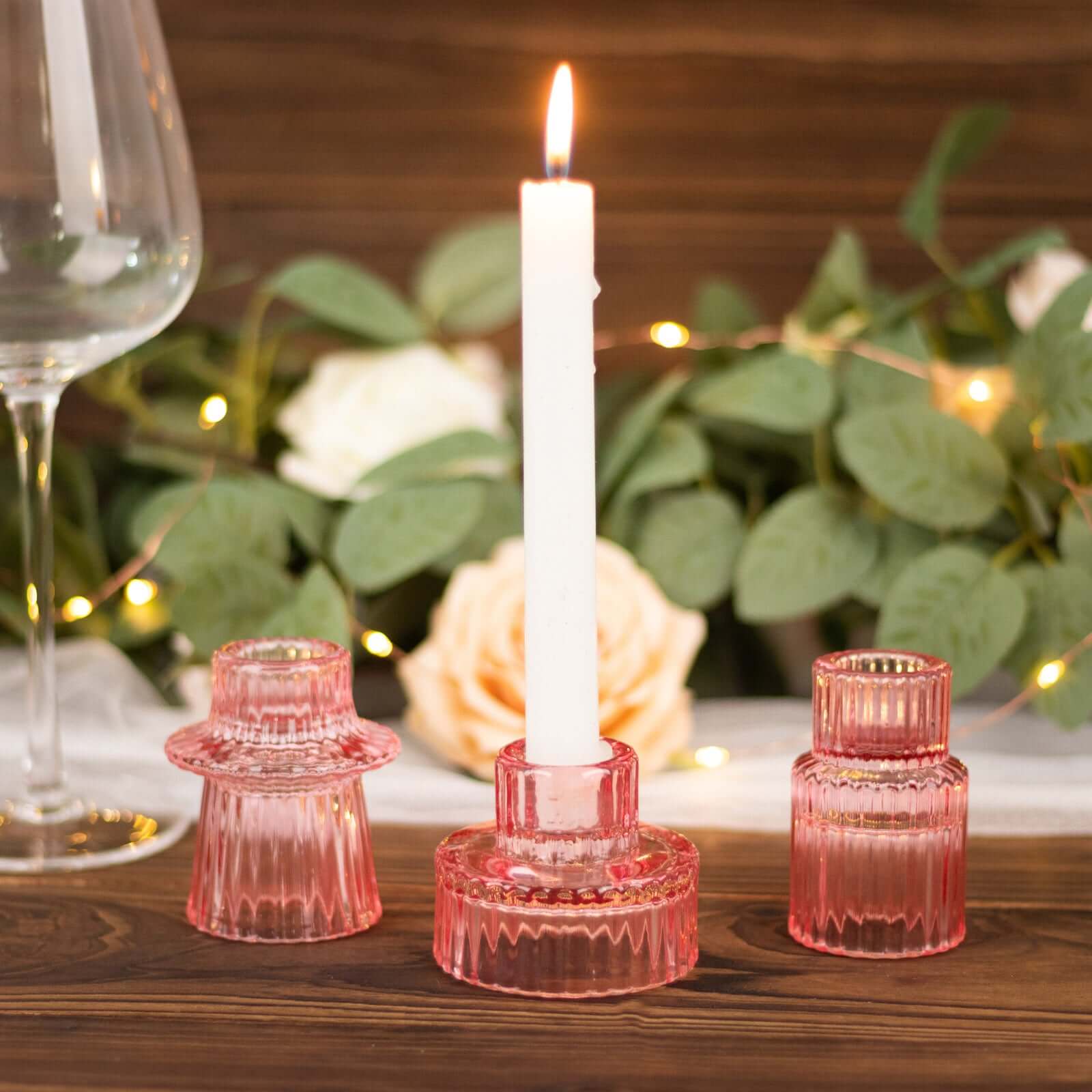 Set of 6 Glass Taper Candle Holders 3" Ribbed Crystal Design Pink - Reversible Mini Votive Tealight Stands - Image 8