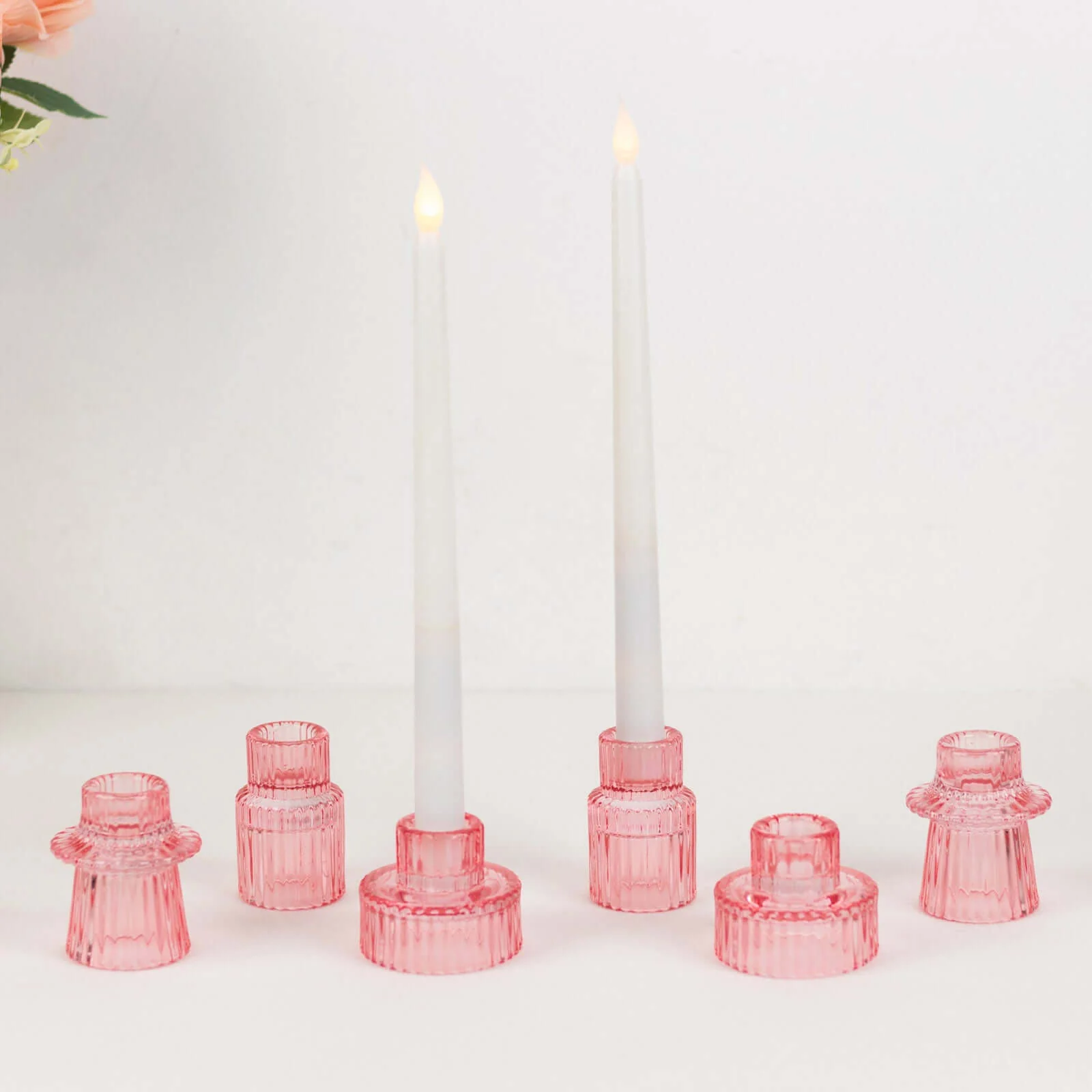 Set of 6 Glass Taper Candle Holders 3" Ribbed Crystal Design Pink - Reversible Mini Votive Tealight Stands - Image 9