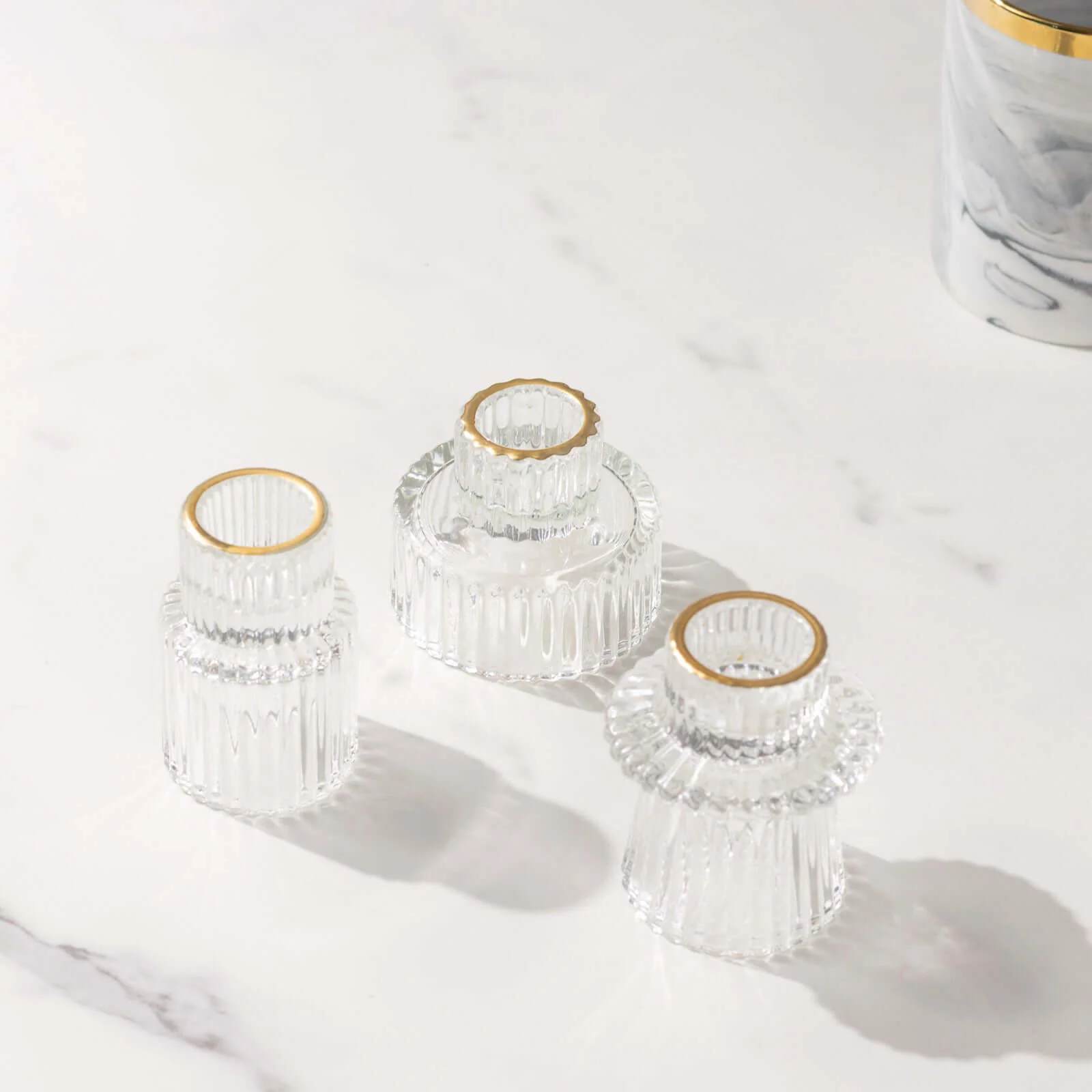 Set of 6 Glass Taper Candle Holders 3" Ribbed Crystal Design with Gold Rim Clear - Reversible Mini Votive Tealight Stands - Image 2
