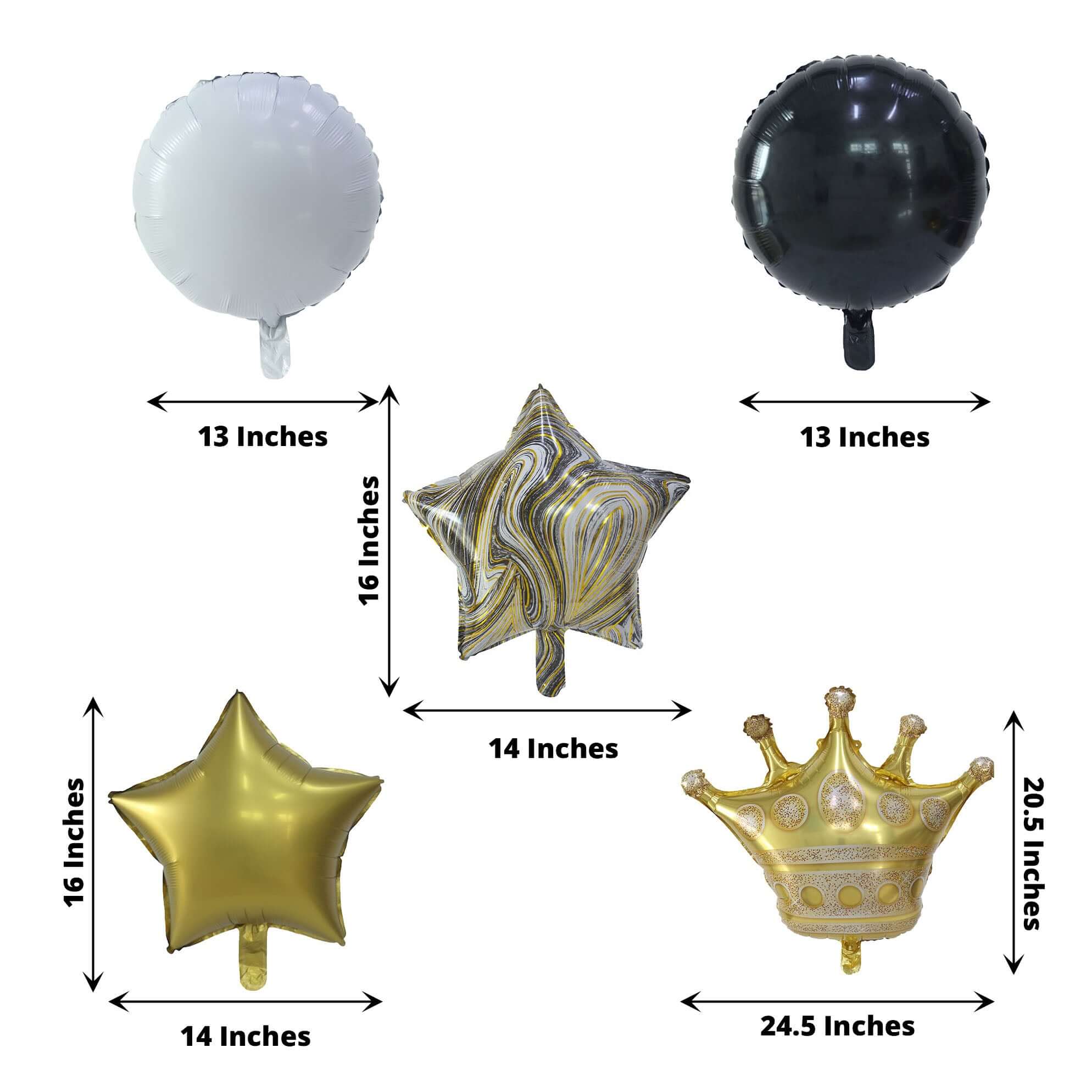 Set of 6 Gold/Black Marble Mylar Foil Party Balloon Set, Star, Round and Crown Balloon Bouquet With Ribbon, Party Decorations - Image 3