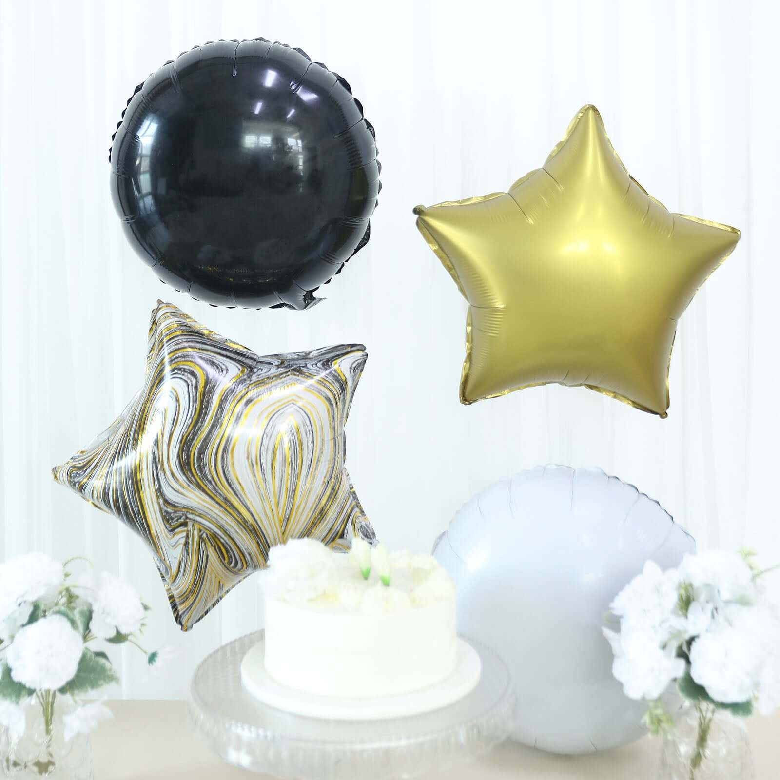 Set of 6 Gold/Black Marble Mylar Foil Party Balloon Set, Star, Round and Crown Balloon Bouquet With Ribbon, Party Decorations - Image 4