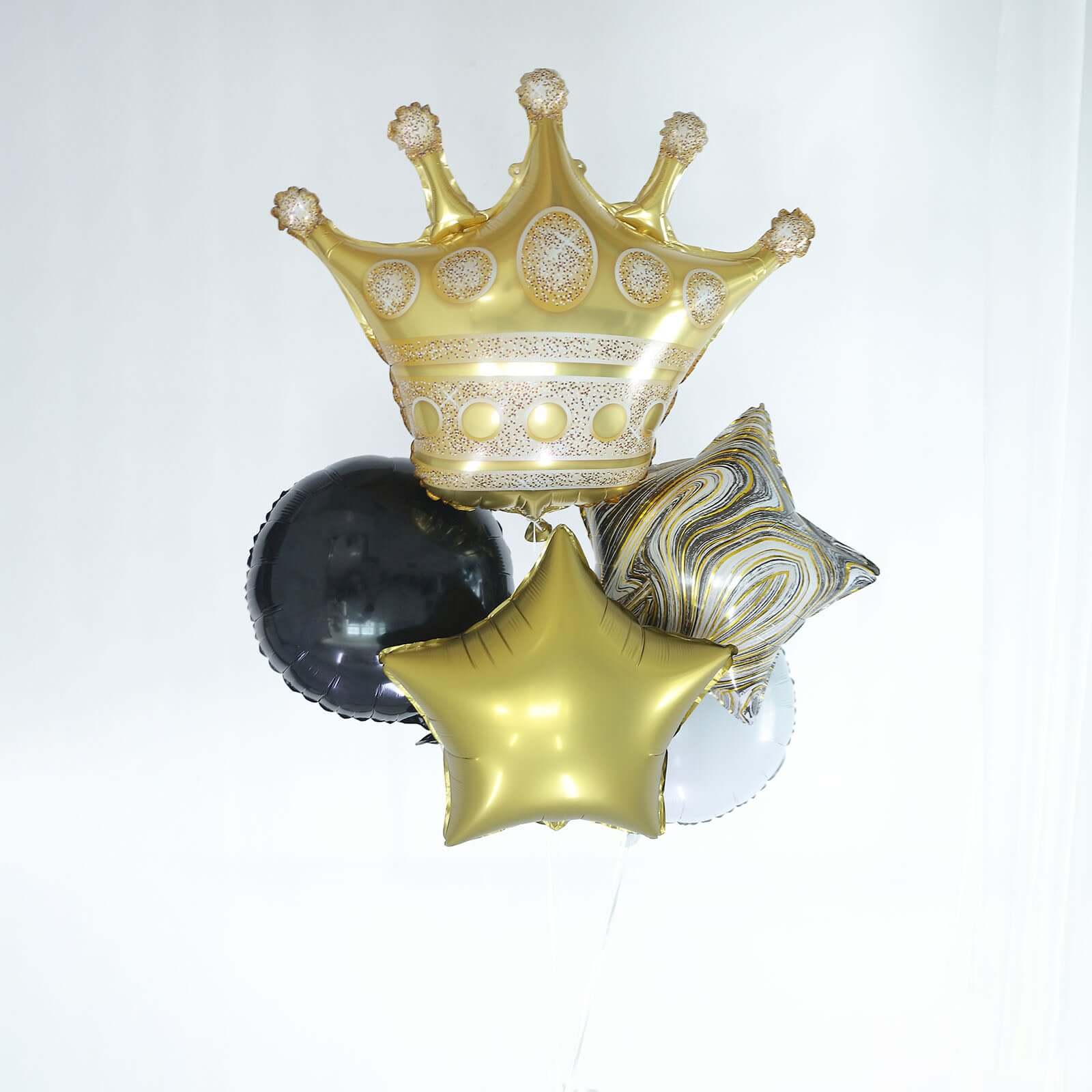 Set of 6 Gold/Black Marble Mylar Foil Party Balloon Set, Star, Round and Crown Balloon Bouquet With Ribbon, Party Decorations - Image 5