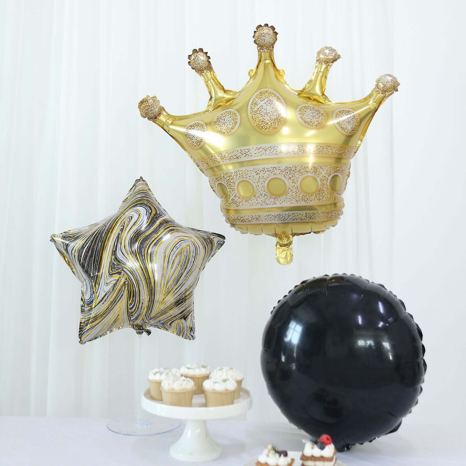 Set of 6 Gold/Black Marble Mylar Foil Party Balloon Set, Star, Round and Crown Balloon Bouquet With Ribbon, Party Decorations - Image 6