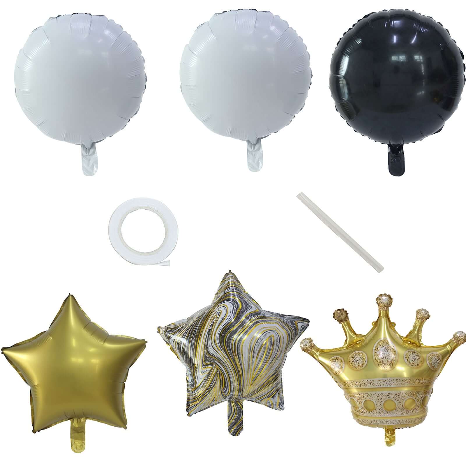 Set of 6 Gold/Black Marble Mylar Foil Party Balloon Set, Star, Round and Crown Balloon Bouquet With Ribbon, Party Decorations - Image 7