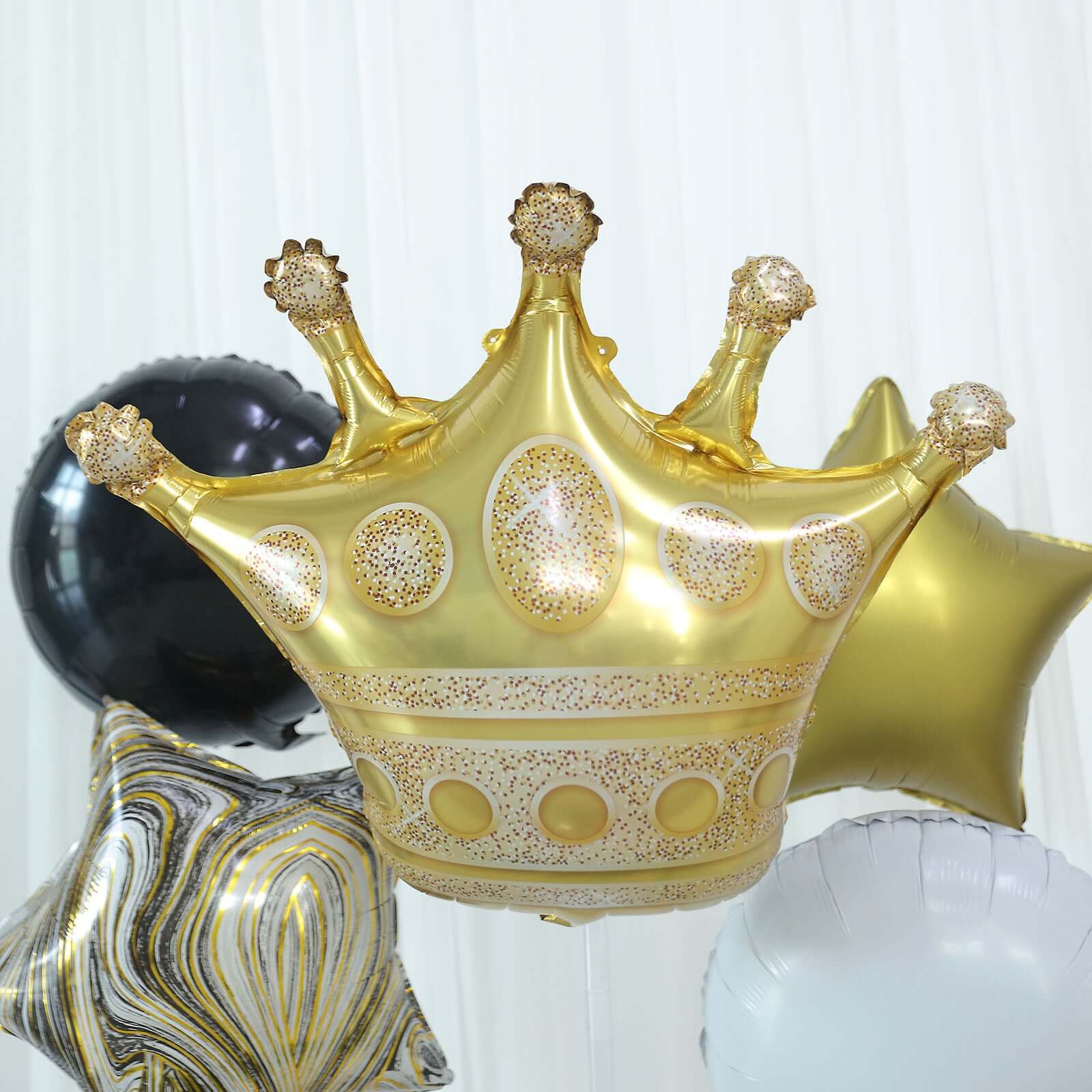 Set of 6 Gold/Black Marble Mylar Foil Party Balloon Set, Star, Round and Crown Balloon Bouquet With Ribbon, Party Decorations - Image 9
