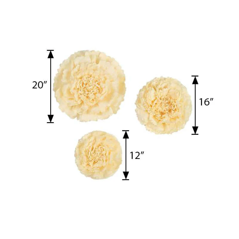 Set of 6 Ivory / Cream Giant Carnation 3D Paper Flowers Wall Decor 12",16",20" - Image 3