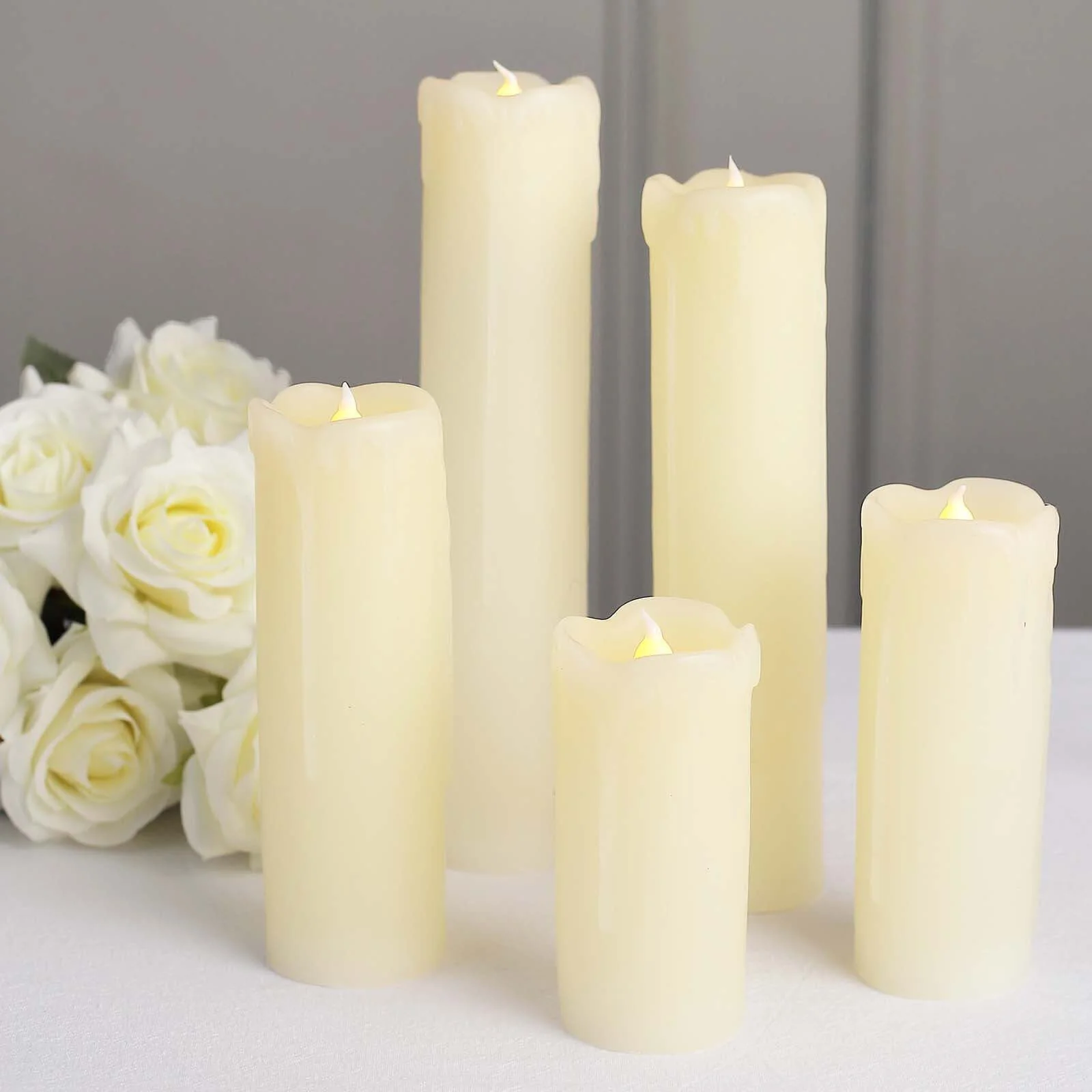 Set of 6 LED Drip Wax Pillar Candles Ivory- Flameless Flicker Battery Operated Luminaria Lighting