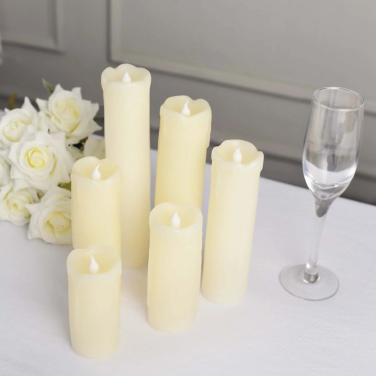 Set of 6 LED Drip Wax Pillar Candles Ivory- Flameless Flicker Battery Operated Luminaria Lighting - Image 2