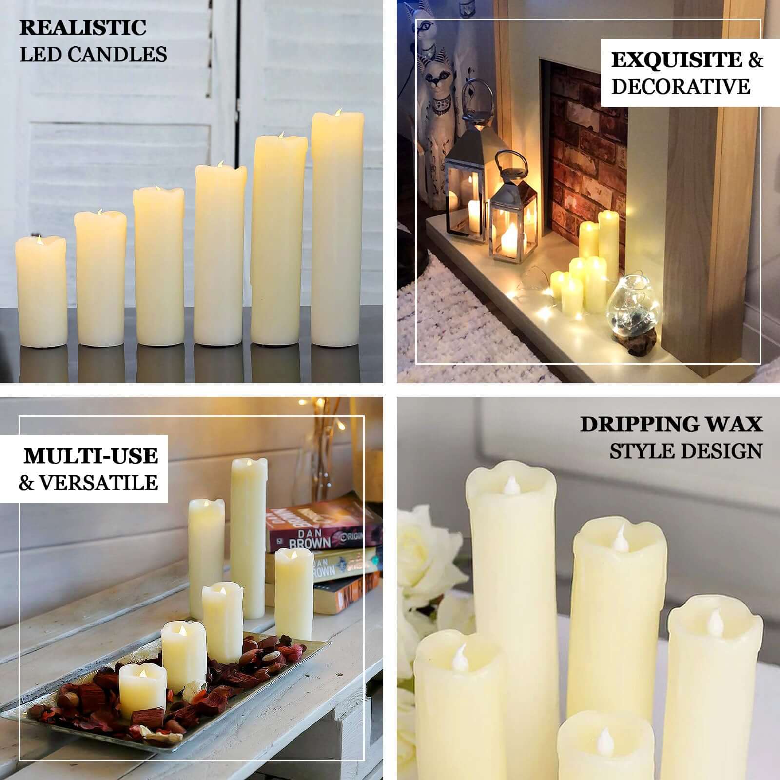 Set of 6 LED Drip Wax Pillar Candles Ivory- Flameless Flicker Battery Operated Luminaria Lighting - Image 4