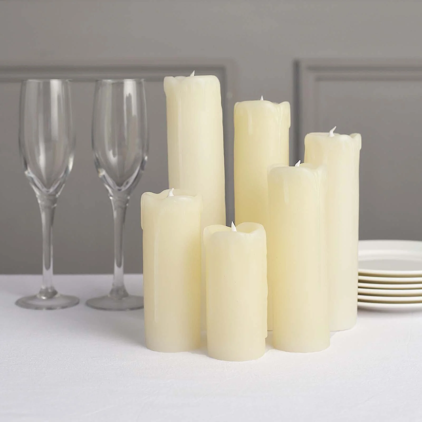 Set of 6 LED Drip Wax Pillar Candles Ivory- Flameless Flicker Battery Operated Luminaria Lighting - Image 6