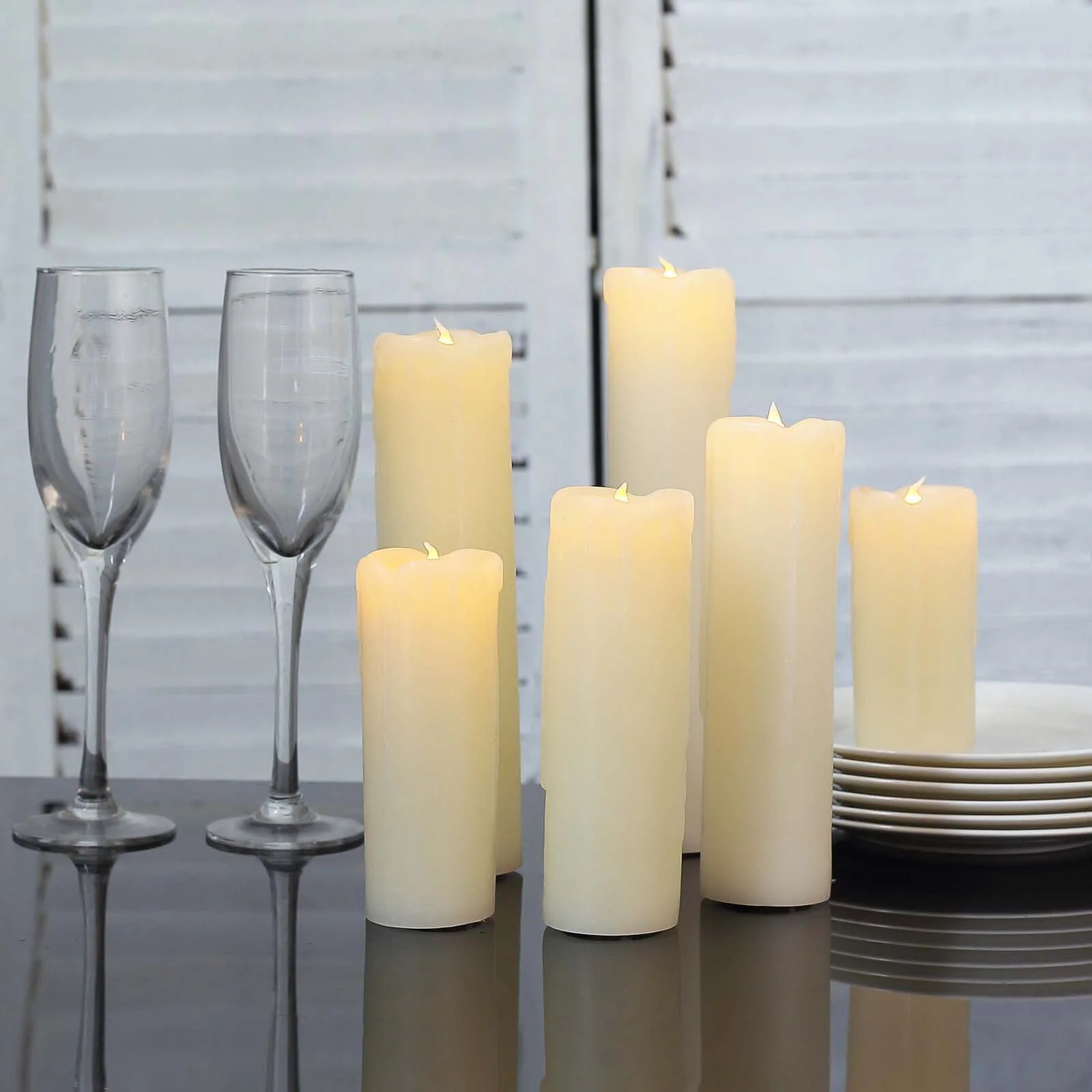 Set of 6 LED Drip Wax Pillar Candles Ivory- Flameless Flicker Battery Operated Luminaria Lighting - Image 7