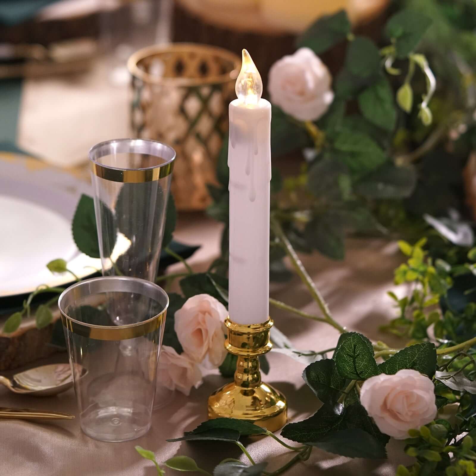 Set of 6 LED Taper Candles 10" Flickering White - Battery Operated Window Candles with Removable Gold Holders - Image 2
