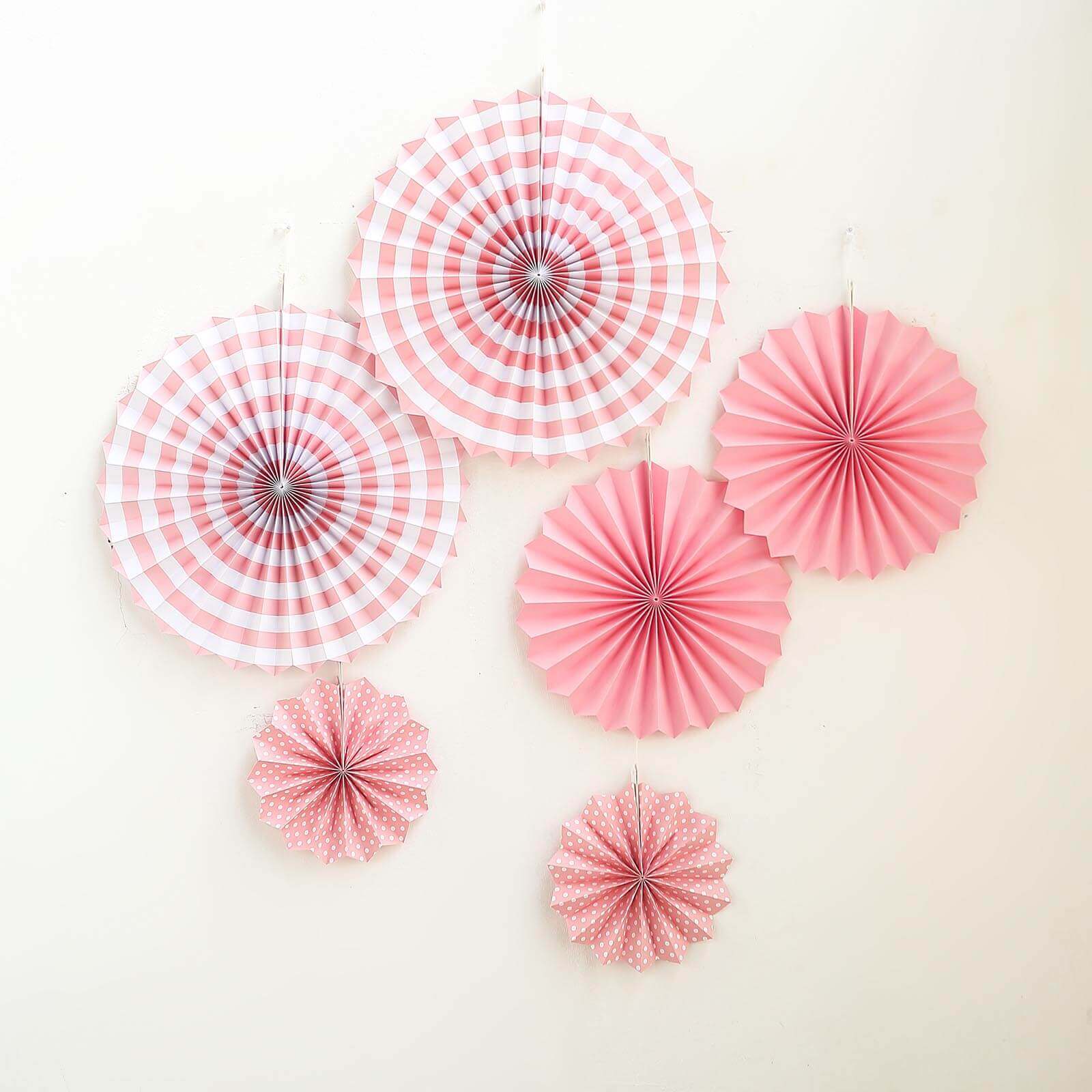 Set of 6 Pink Hanging Paper Fan Decorations, Pinwheel Wall Backdrop Party Kit 8", 12", 16" - Image 9