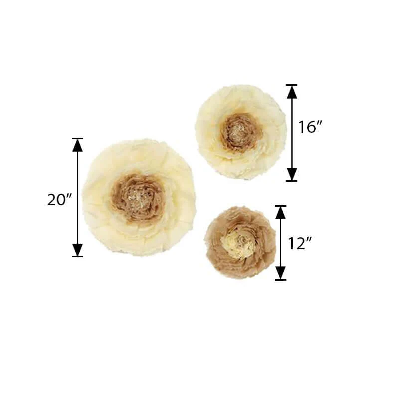 Set of 6 Taupe / Natural Giant Carnation 3D Paper Flowers Wall Decor 12",16",20" - Image 3