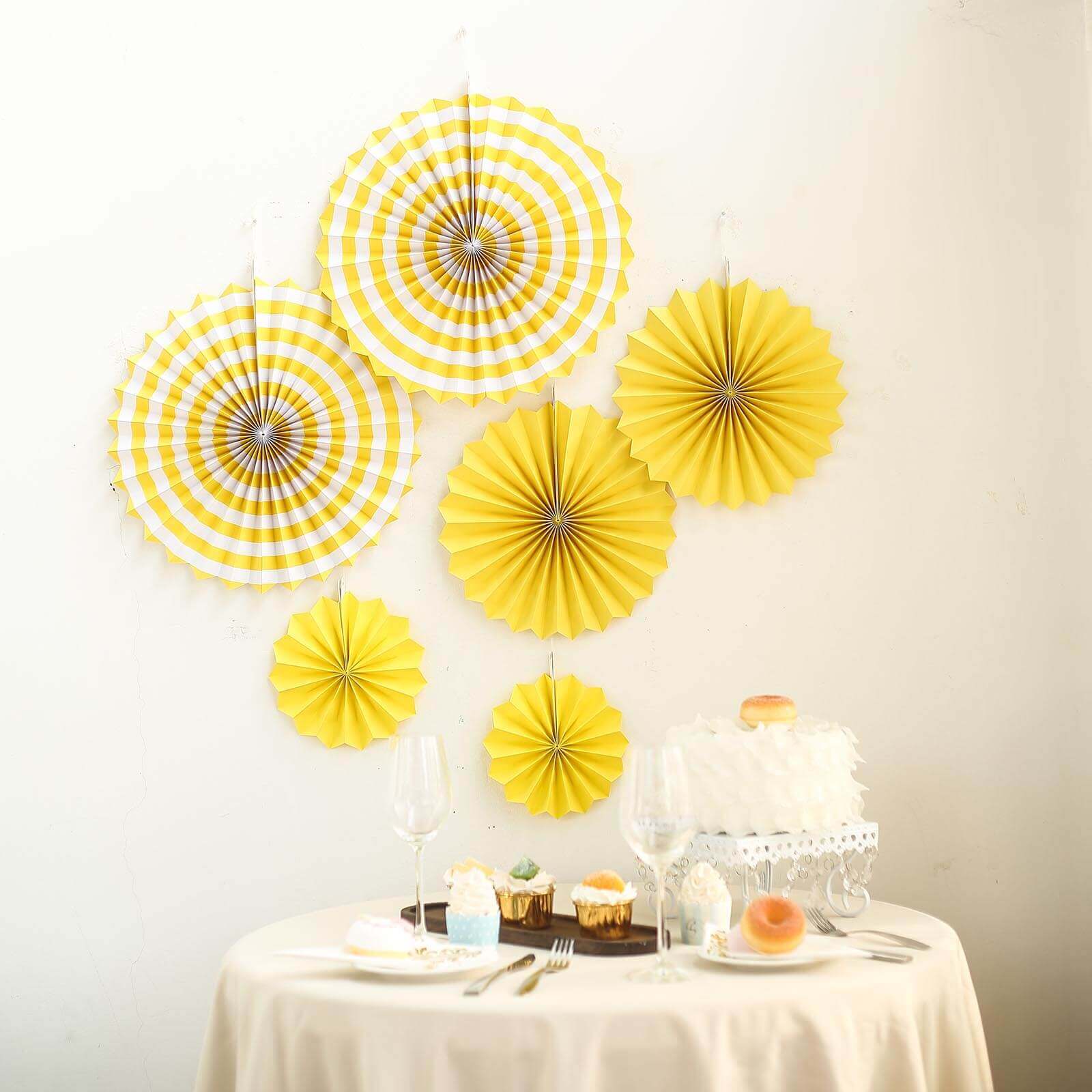 Set of 6 Yellow Hanging Paper Fan Decorations, Pinwheel Wall Backdrop Party Kit 8", 12", 16" - Image 11