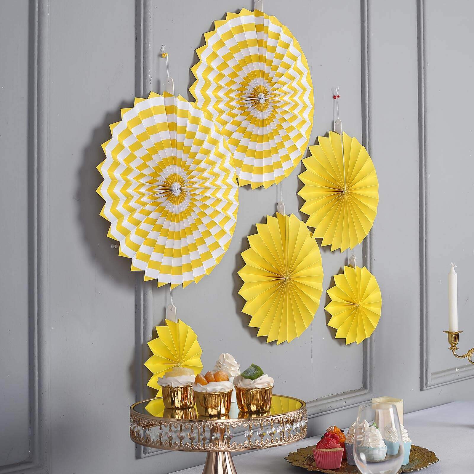 Set of 6 Yellow Hanging Paper Fan Decorations, Pinwheel Wall Backdrop Party Kit 8", 12", 16" - Image 6
