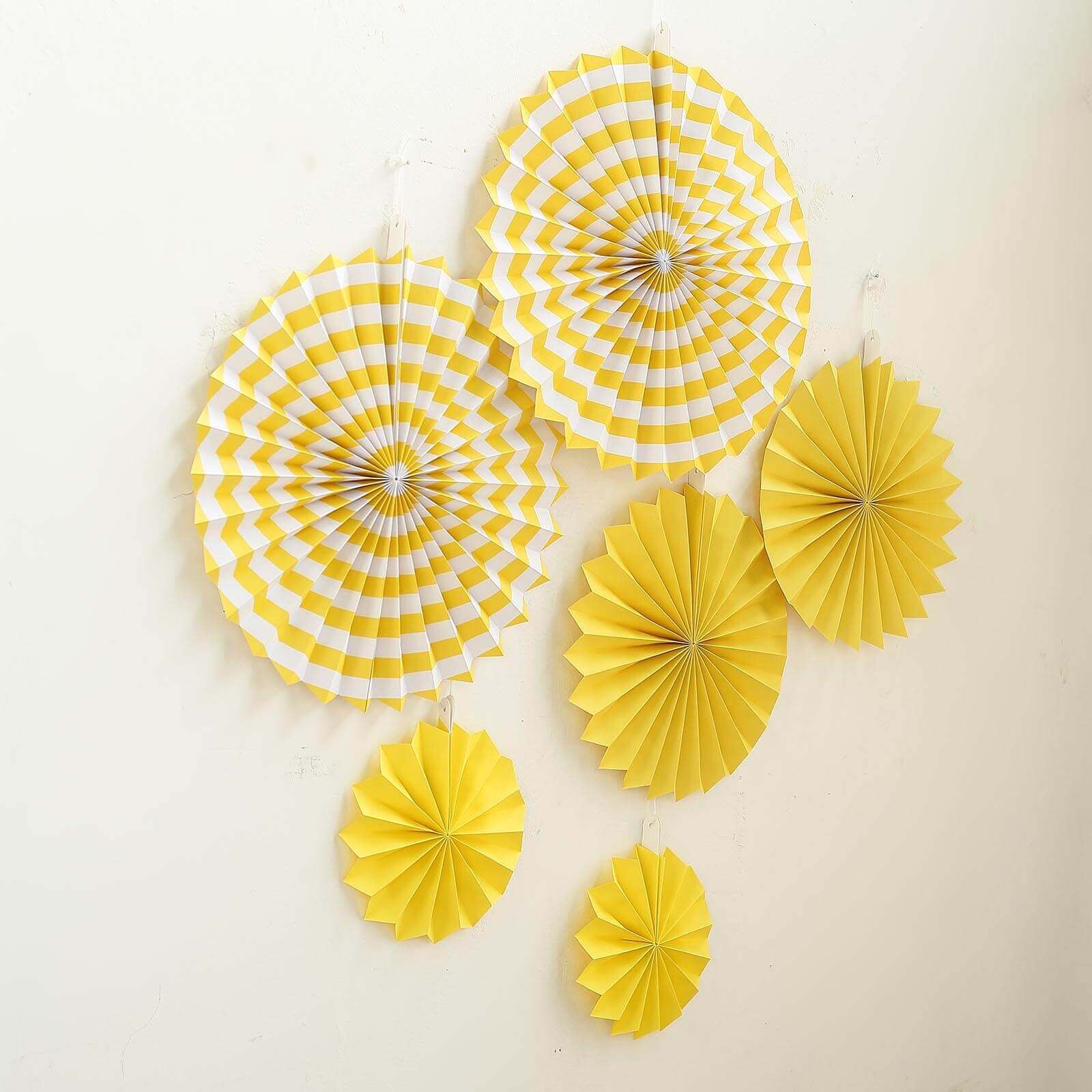 Set of 6 Yellow Hanging Paper Fan Decorations, Pinwheel Wall Backdrop Party Kit 8", 12", 16" - Image 8