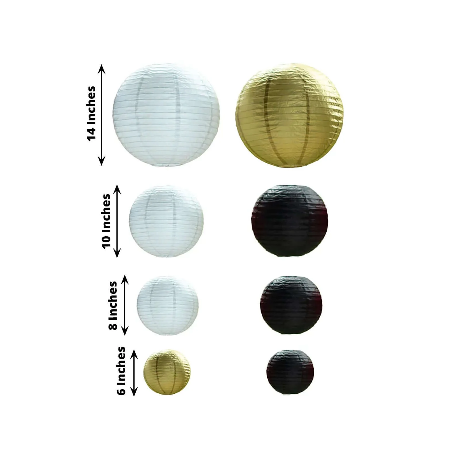 Set of 8 Mixed Black Gold Hanging Paper Lanterns, Assorted Size Decorative Round Chinese Sky Lanterns - 6",8",10",14" - Image 3
