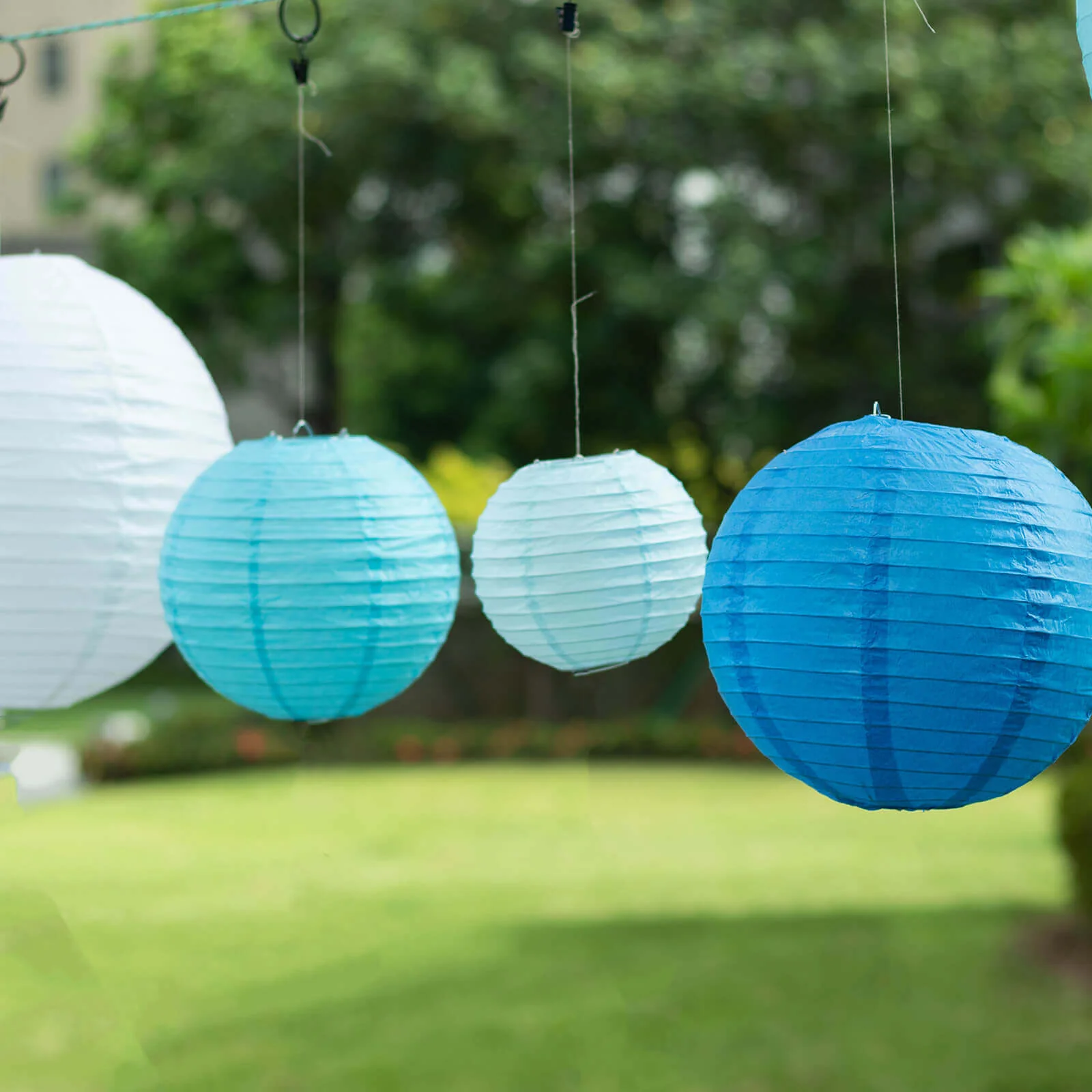 Set of 8 Mixed Blue White Hanging Paper Lanterns, Assorted Size Decorative Round Chinese Sky Lanterns - 6",8",10",14" - Image 2