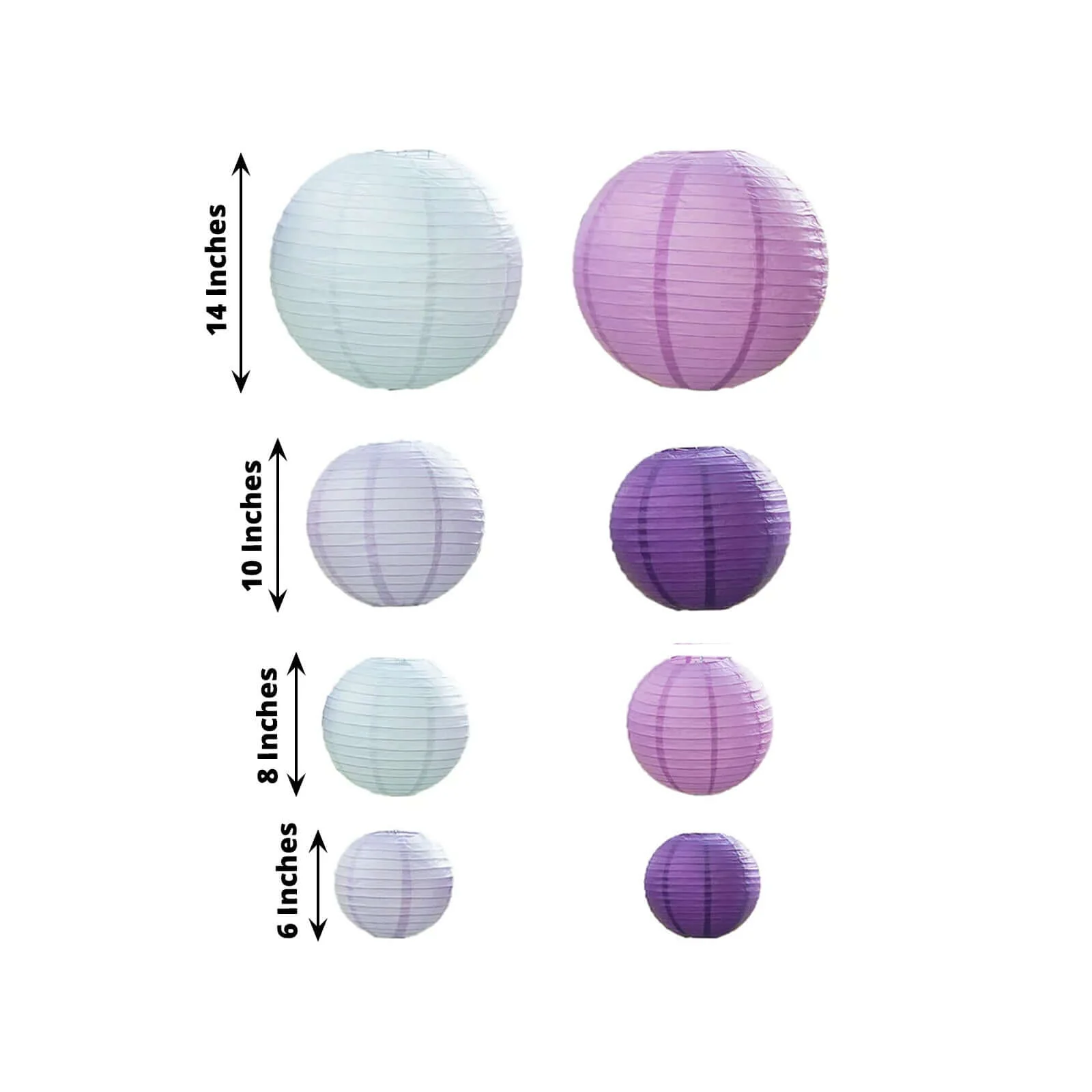 Set of 8 Mixed Purple White Hanging Paper Lanterns, Assorted Size Decorative Round Chinese Sky Lanterns - 6",8",10",14" - Image 3