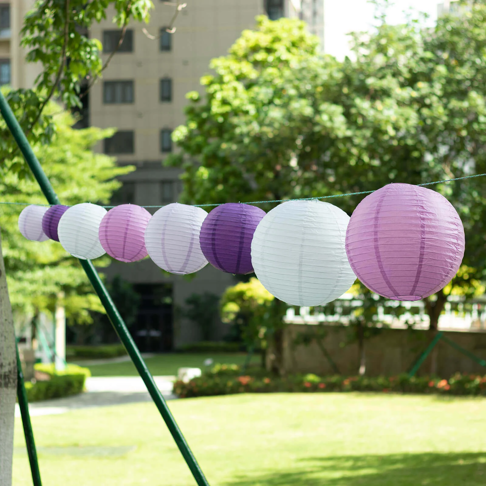 Set of 8 Mixed Purple White Hanging Paper Lanterns, Assorted Size Decorative Round Chinese Sky Lanterns - 6",8",10",14" - Image 8