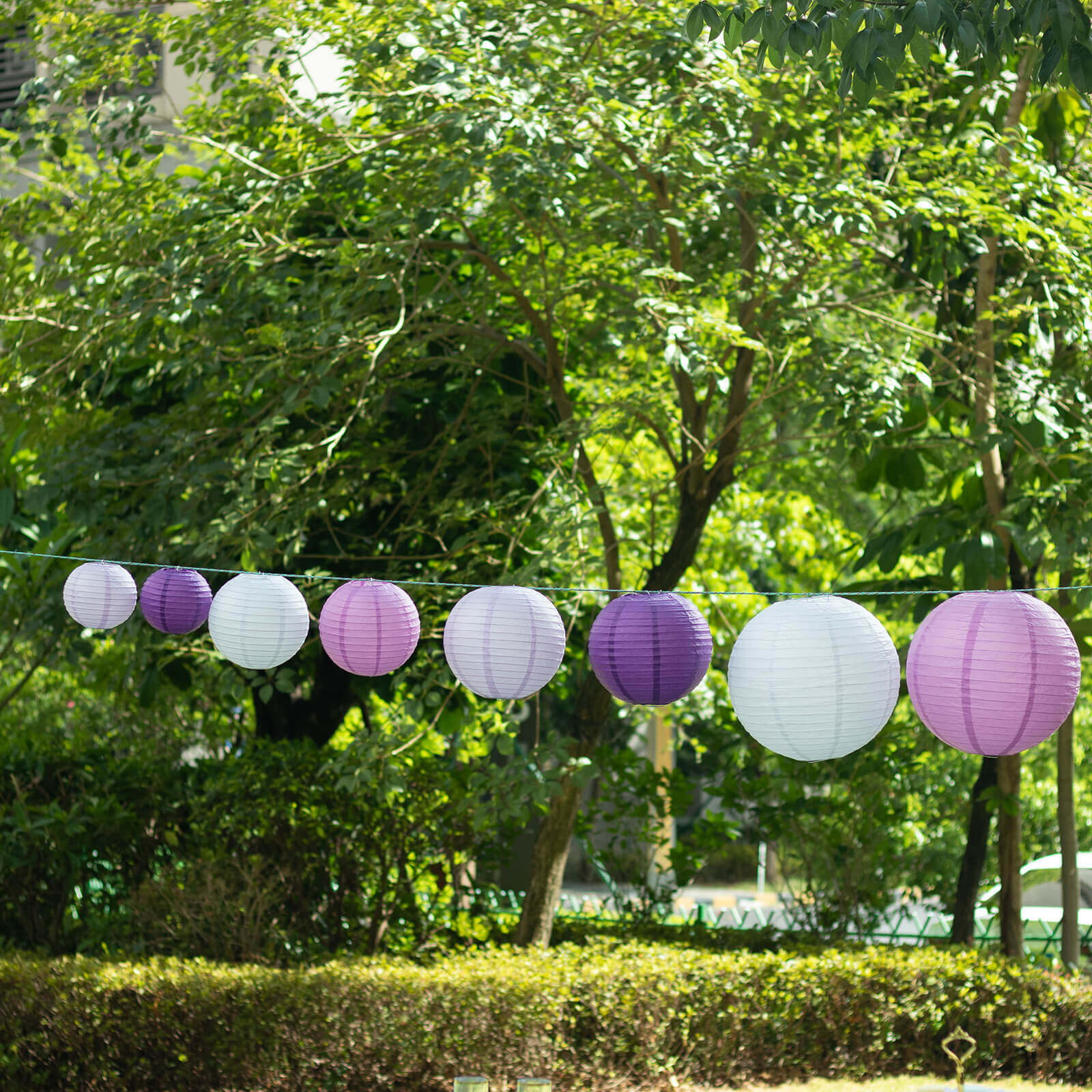 Set of 8 Mixed Purple White Hanging Paper Lanterns, Assorted Size Decorative Round Chinese Sky Lanterns - 6",8",10",14" - Image 9