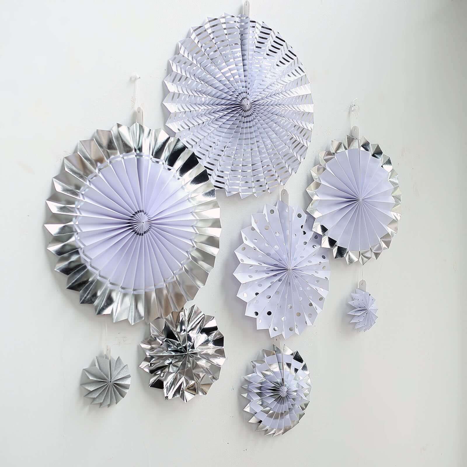 Set of 8 Silver / White Hanging Paper Fan Decorations, Pinwheel Wall Backdrop Party Kit 4", 8", 12", 16" - Image 10