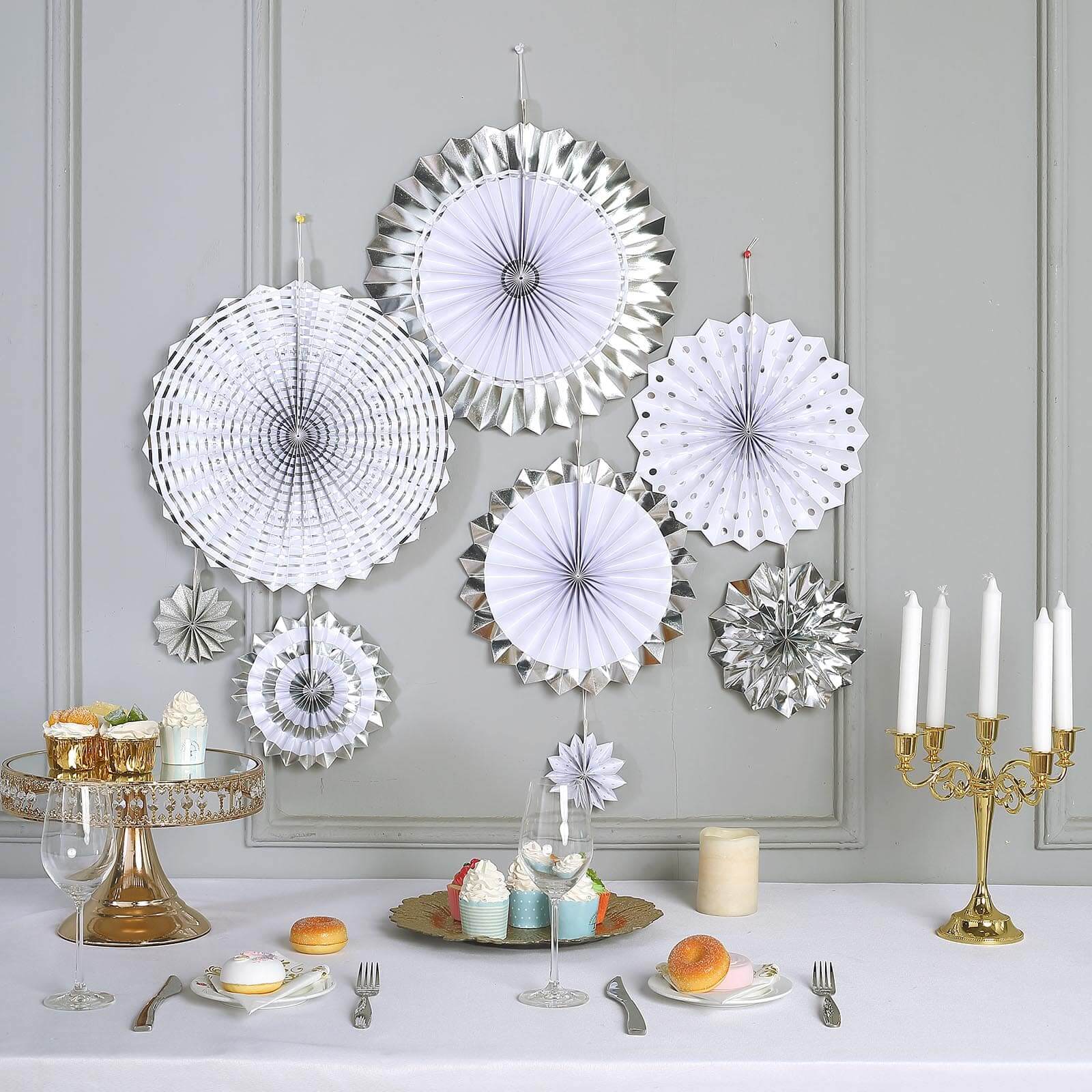 Set of 8 Silver / White Hanging Paper Fan Decorations, Pinwheel Wall Backdrop Party Kit 4", 8", 12", 16" - Image 12