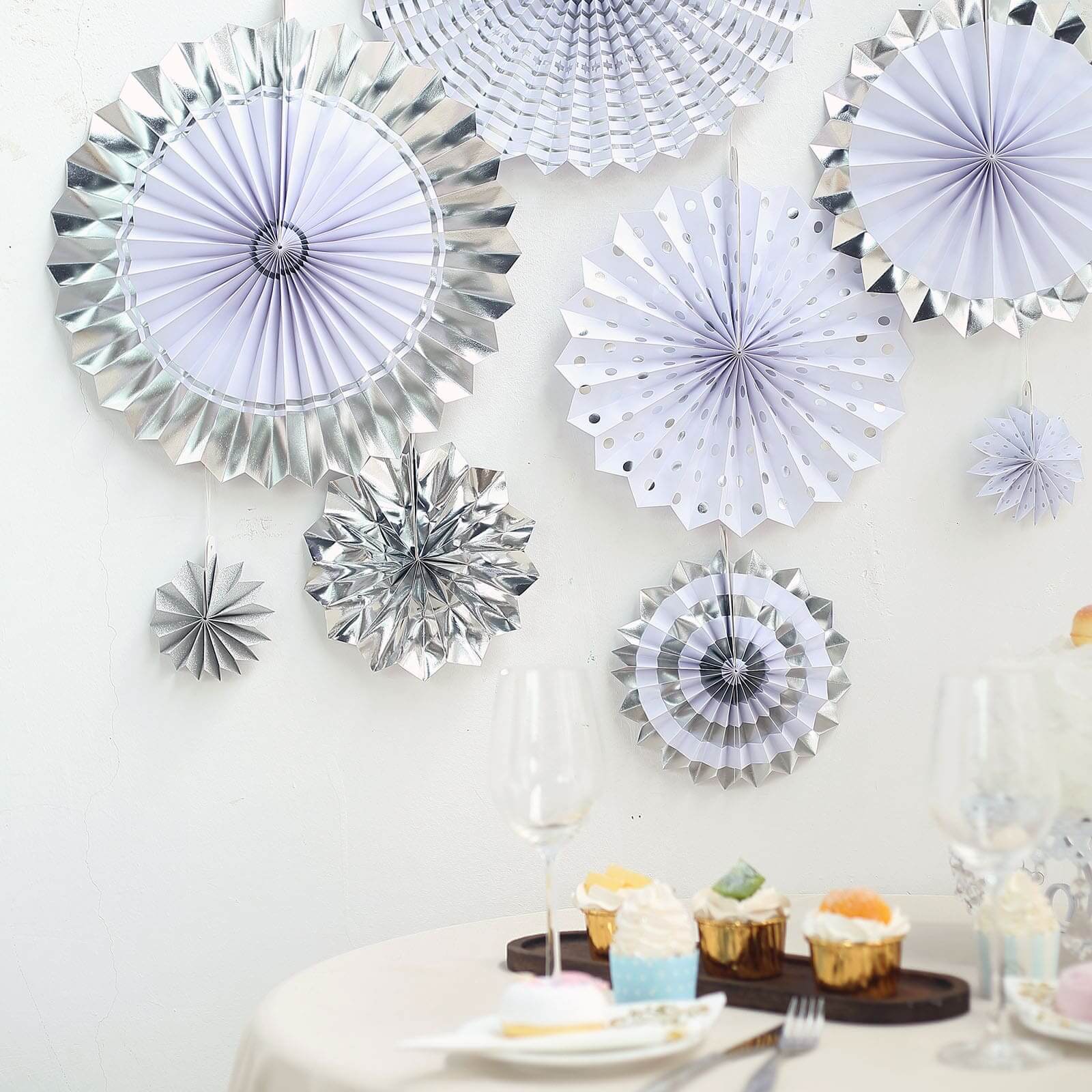 Set of 8 Silver / White Hanging Paper Fan Decorations, Pinwheel Wall Backdrop Party Kit 4", 8", 12", 16" - Image 13