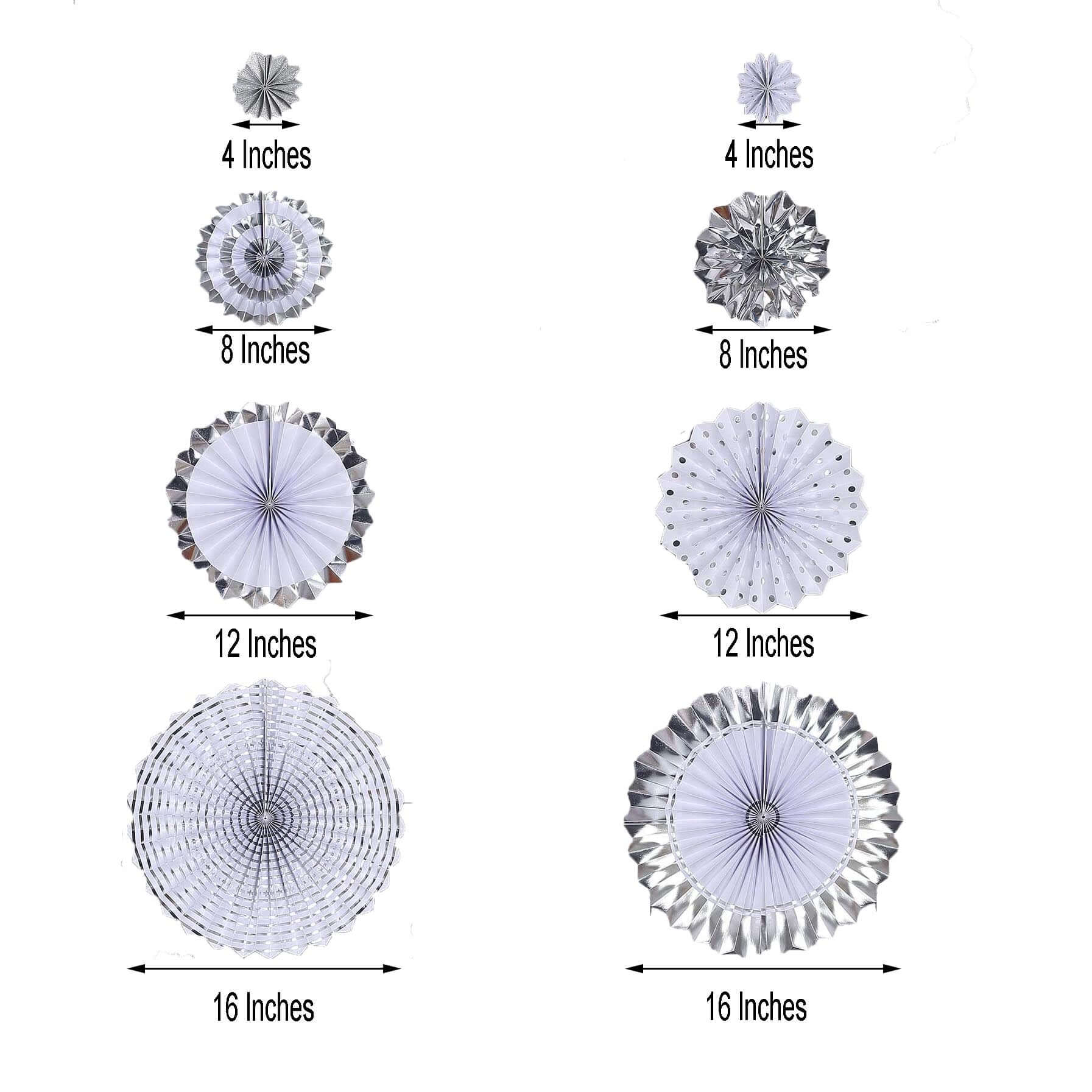 Set of 8 Silver / White Hanging Paper Fan Decorations, Pinwheel Wall Backdrop Party Kit 4", 8", 12", 16" - Image 4