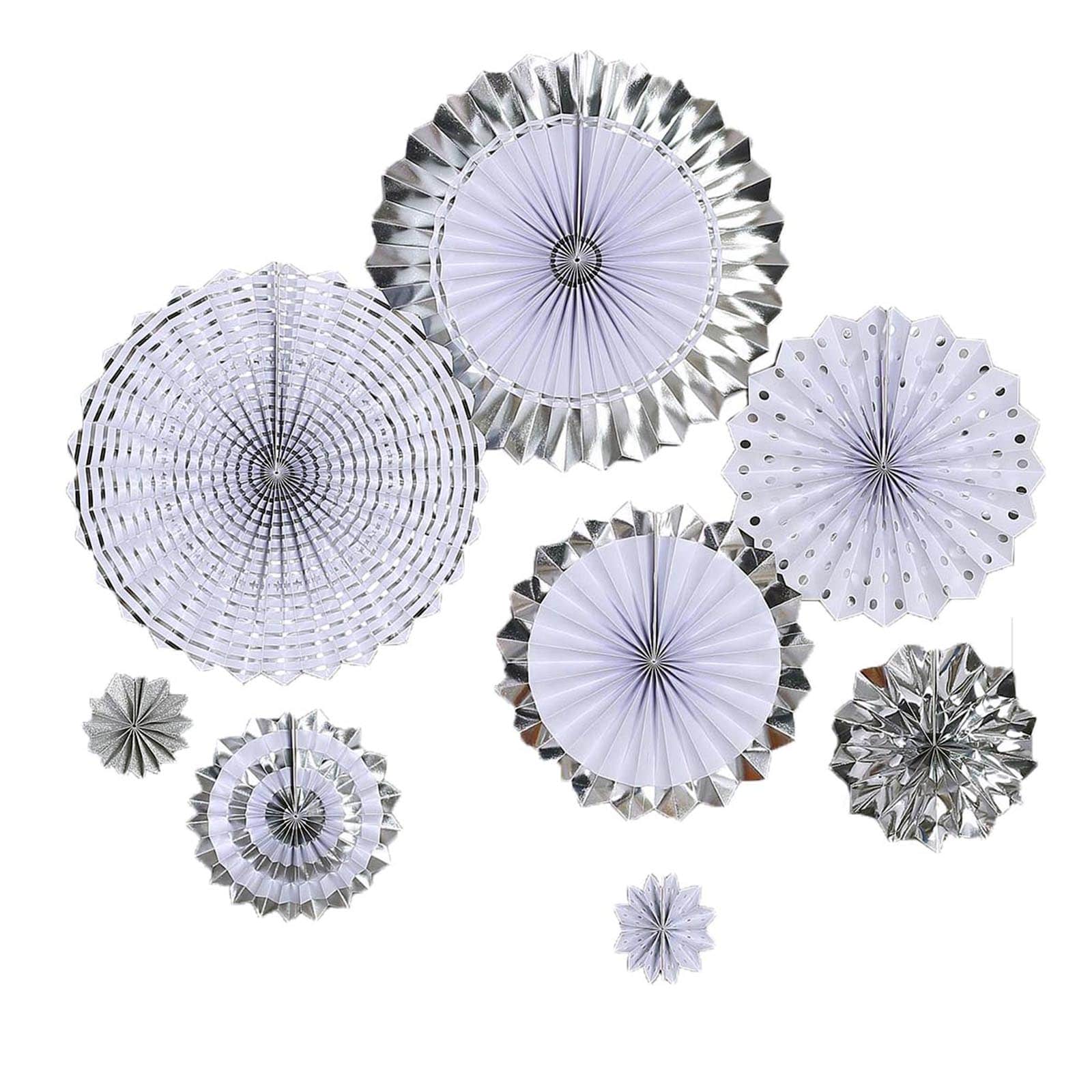 Set of 8 Silver / White Hanging Paper Fan Decorations, Pinwheel Wall Backdrop Party Kit 4", 8", 12", 16" - Image 7
