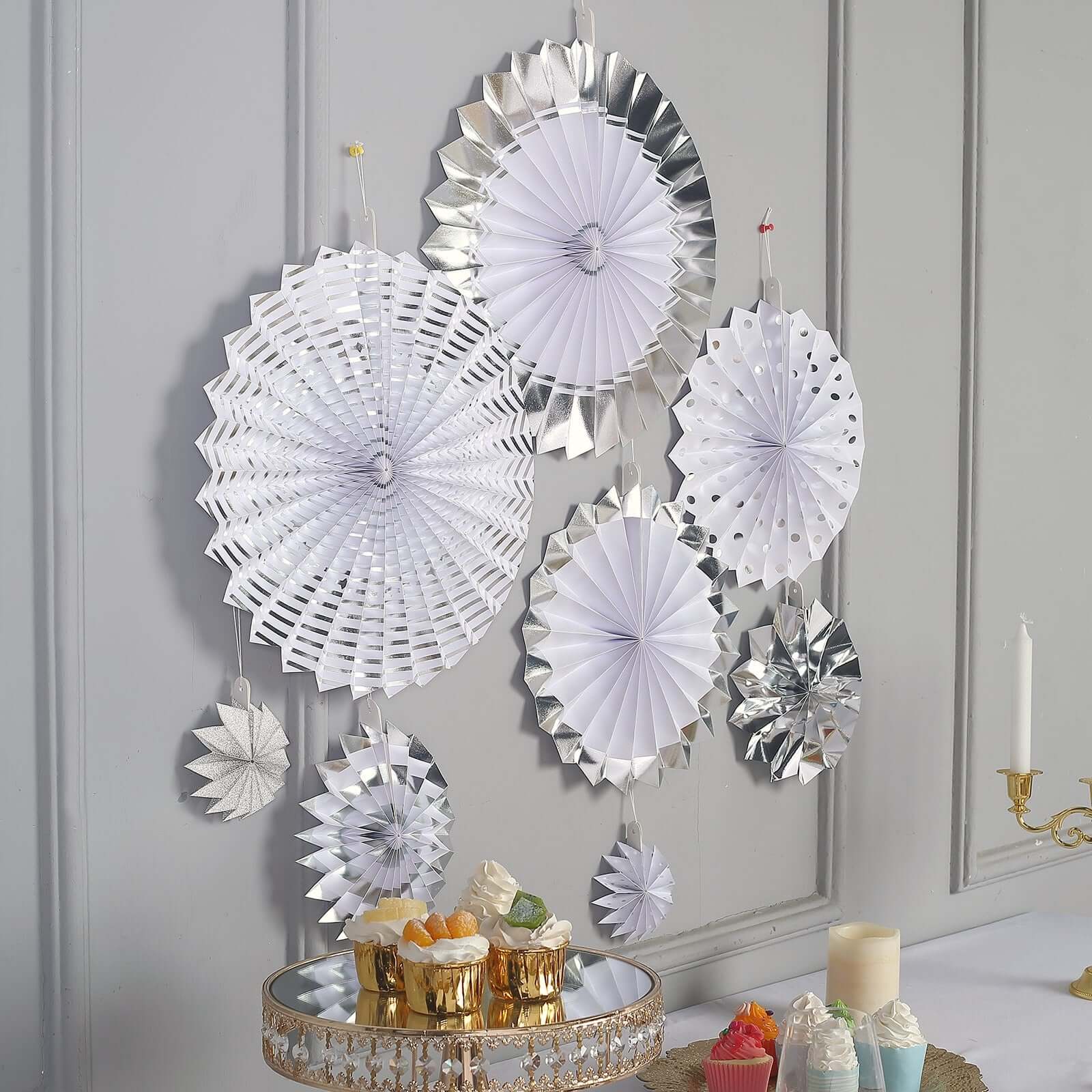 Set of 8 Silver / White Hanging Paper Fan Decorations, Pinwheel Wall Backdrop Party Kit 4", 8", 12", 16" - Image 9