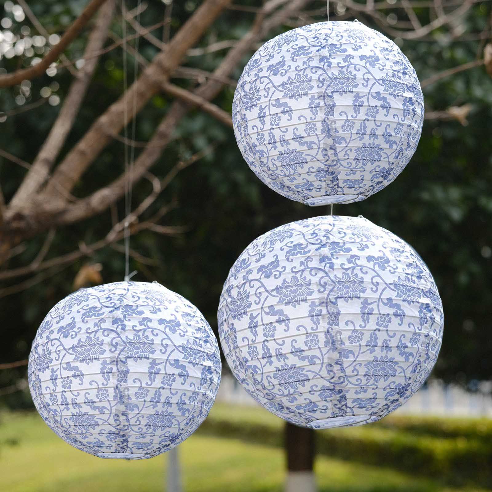 Set of 8 White Blue Hanging Paper Lanterns in French Toile Floral Pattern, Chinese Festival Lanterns - 6",8",10",14" - Image 2