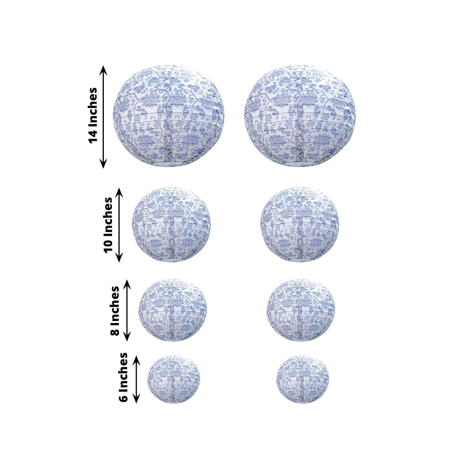Set of 8 White Blue Hanging Paper Lanterns in French Toile Floral Pattern, Chinese Festival Lanterns - 6",8",10",14" - Image 3