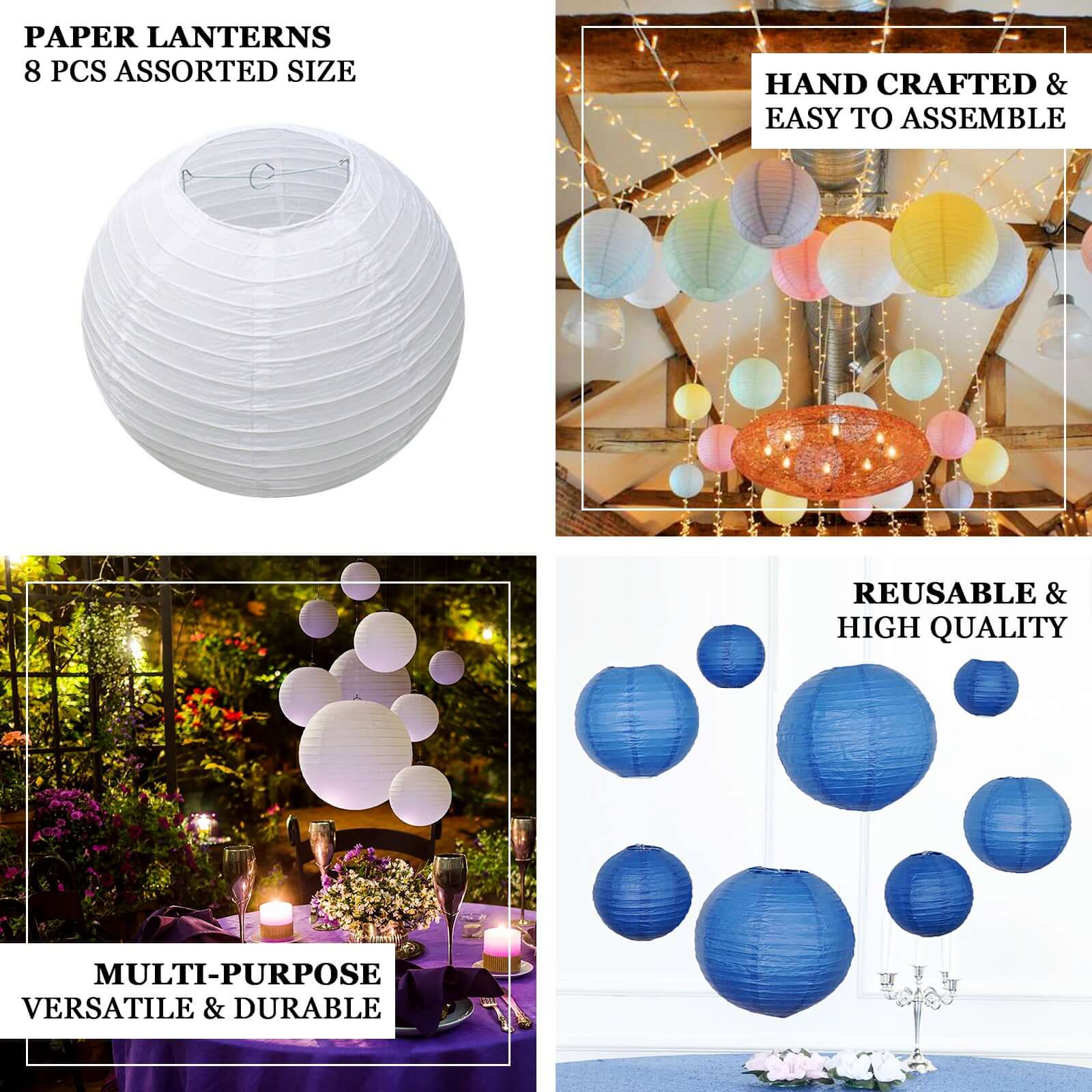 Set of 8 White Blue Hanging Paper Lanterns in French Toile Floral Pattern, Chinese Festival Lanterns - 6",8",10",14" - Image 4