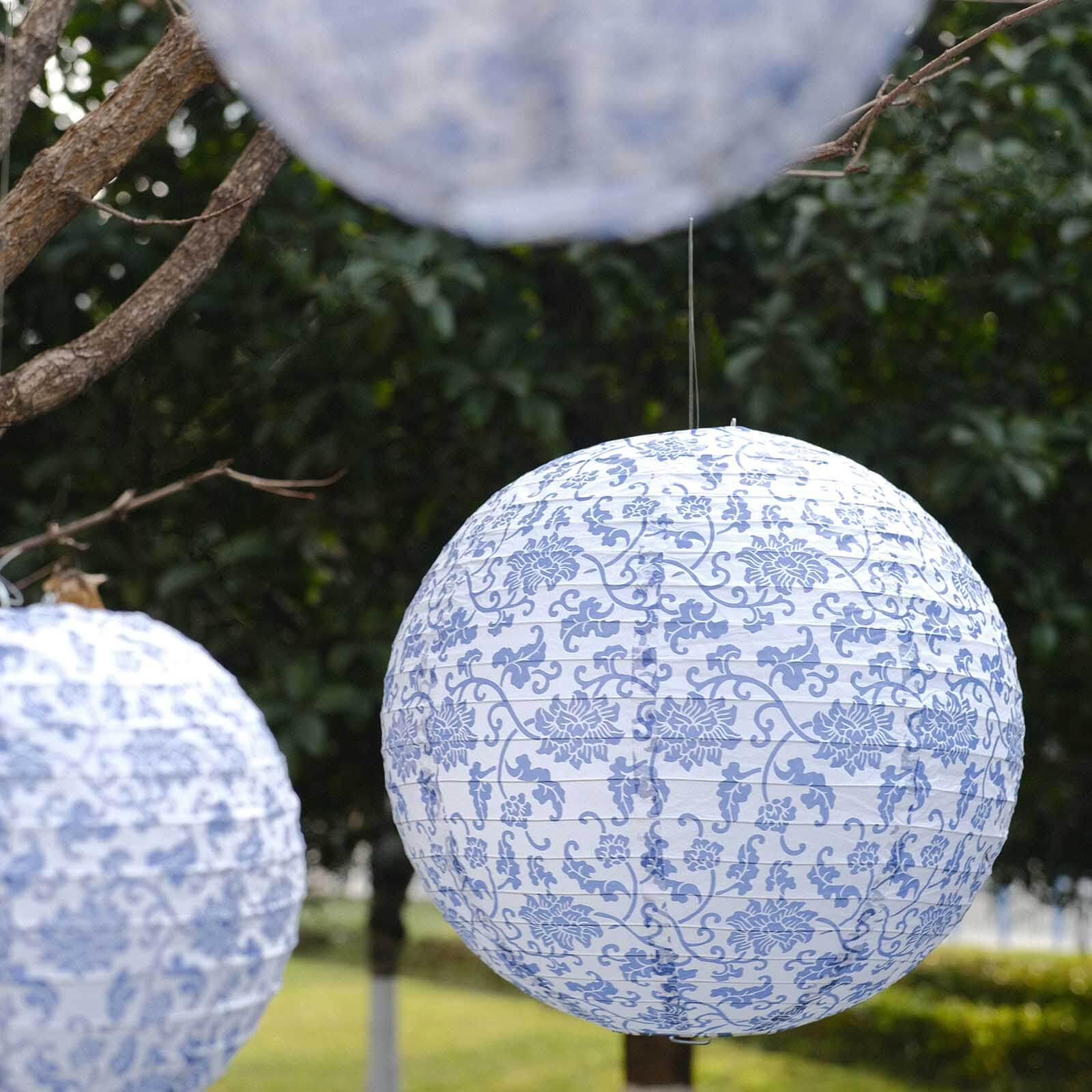 Set of 8 White Blue Hanging Paper Lanterns in French Toile Floral Pattern, Chinese Festival Lanterns - 6",8",10",14" - Image 8