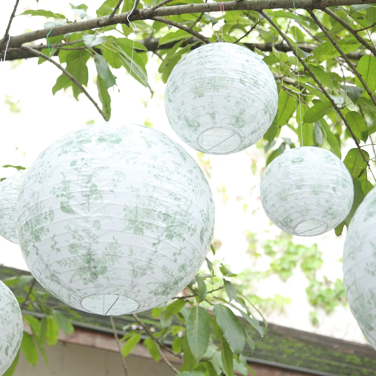 Set of 8 White Sage Green Hanging Paper Lanterns in French Toile Floral Pattern, Chinese Festival Lanterns - 6",8",10",14" - Image 8