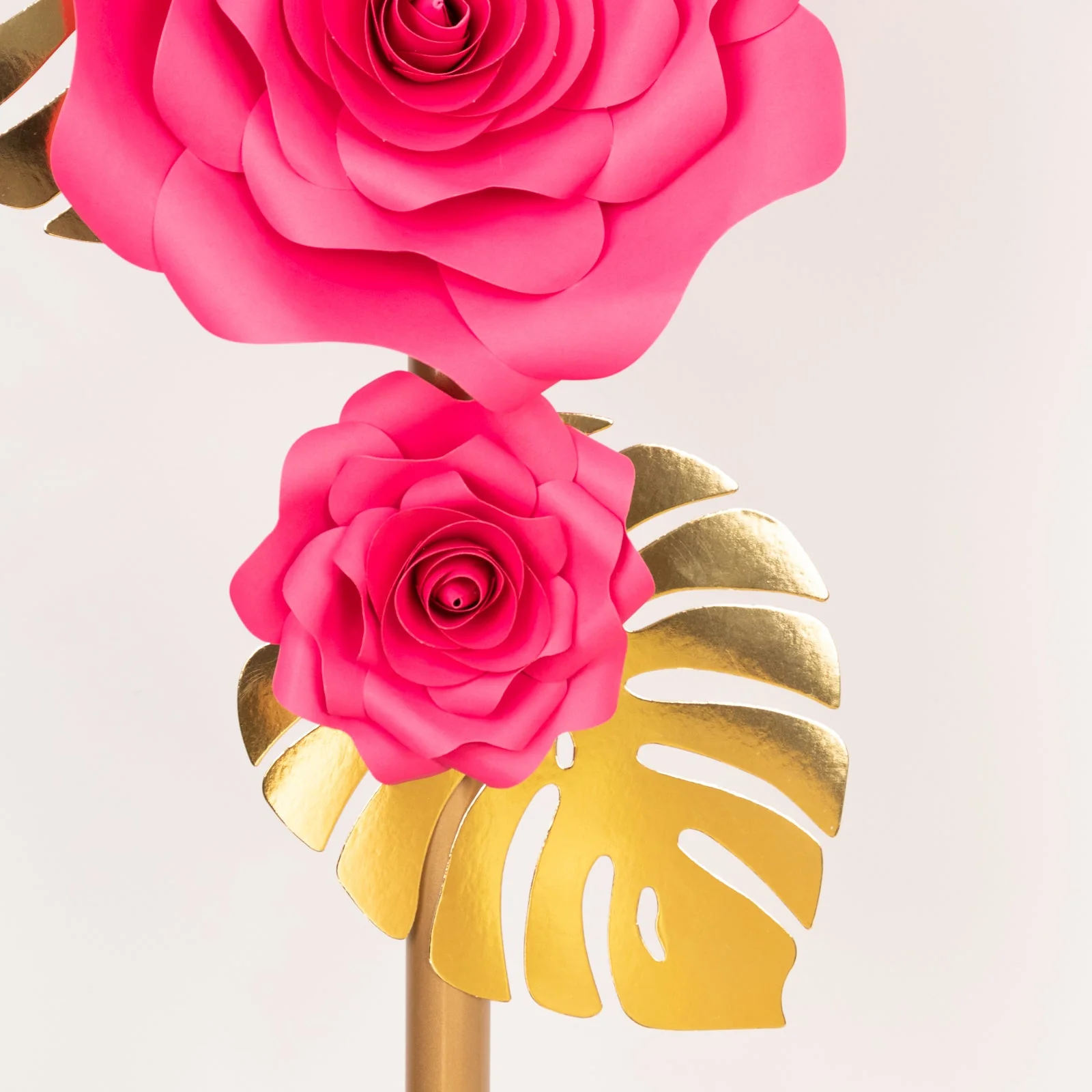 Set of 9 Fuchsia 3D Rose Paper Flowers with Gold Monstera Leaves, Nursery Flower Backdrop Hanging Wall Decor - Image 2