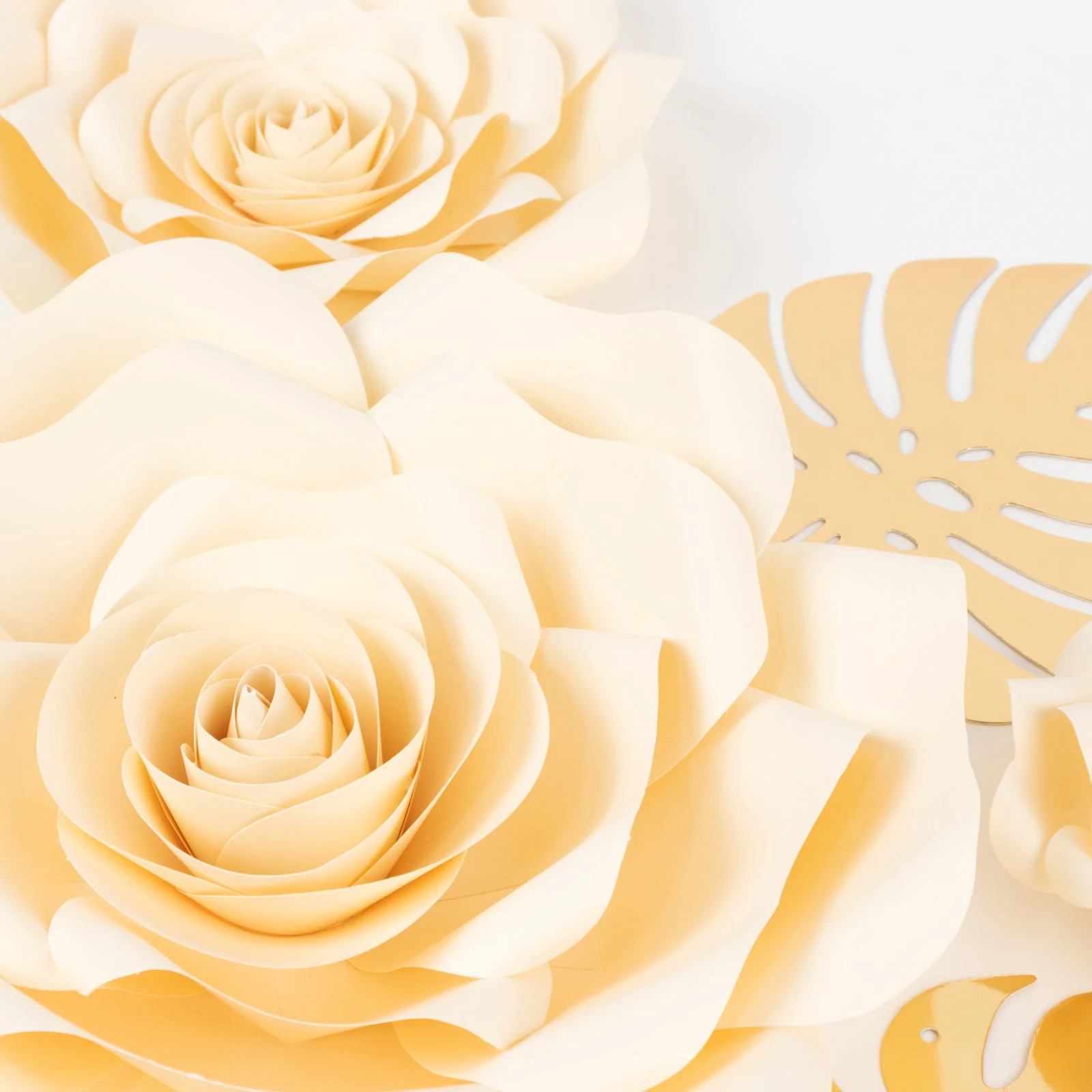 Set of 9 Ivory 3D Rose Paper Flowers with Gold Monstera Leaves, Nursery Flower Backdrop Hanging Wall Decor - Image 10