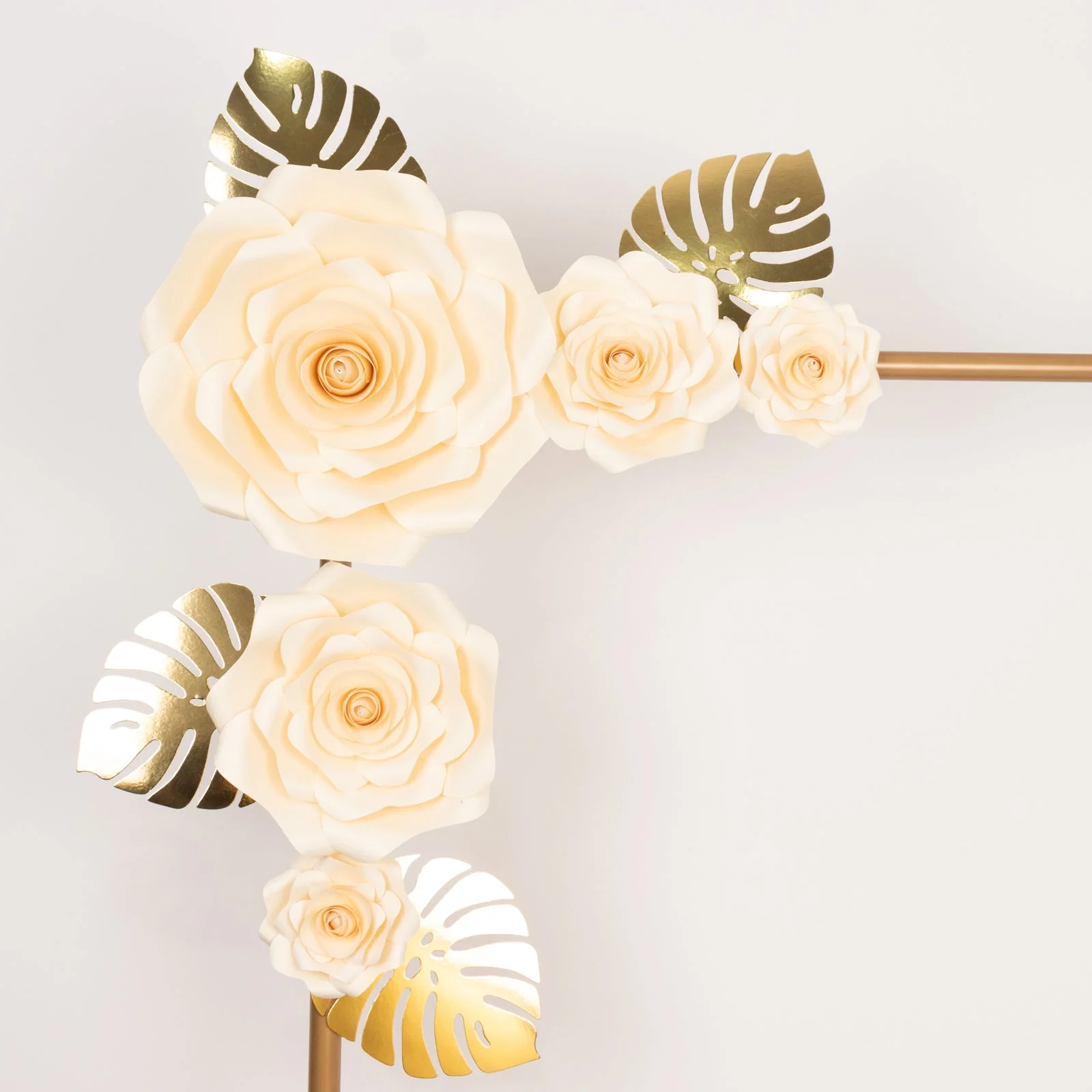 Set of 9 Ivory 3D Rose Paper Flowers with Gold Monstera Leaves, Nursery Flower Backdrop Hanging Wall Decor - Image 6