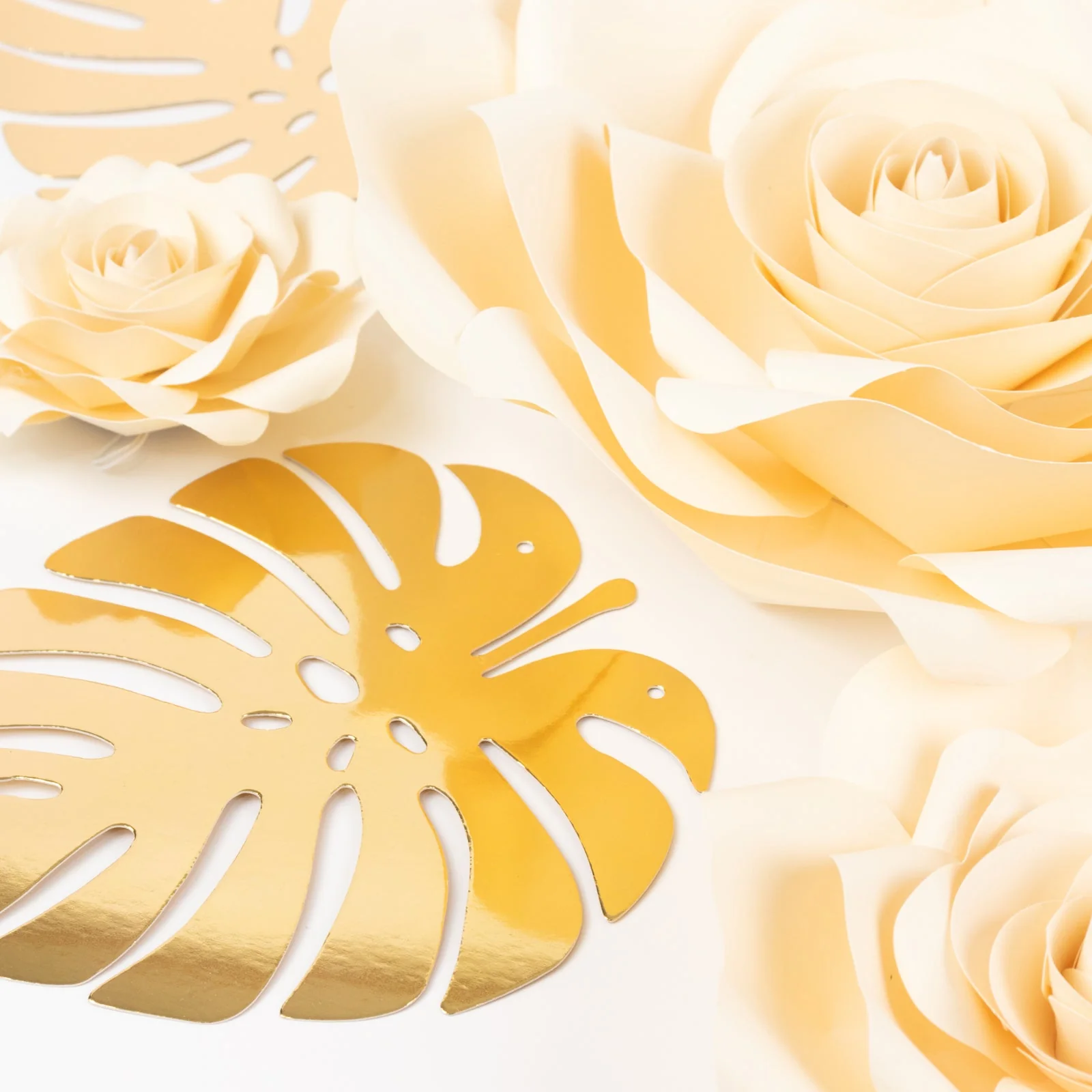 Set of 9 Ivory 3D Rose Paper Flowers with Gold Monstera Leaves, Nursery Flower Backdrop Hanging Wall Decor - Image 8
