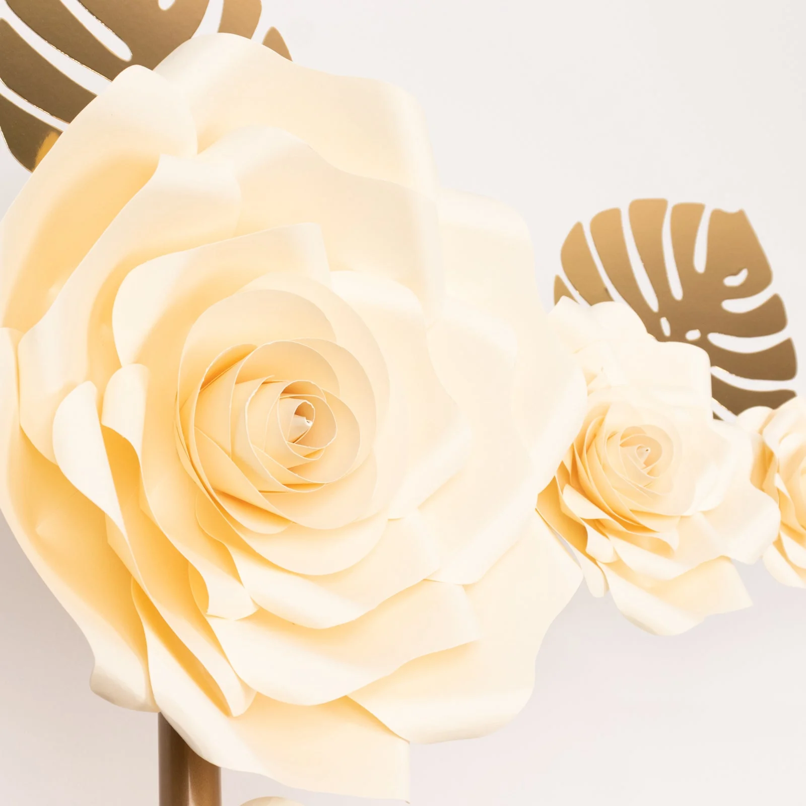 Set of 9 Ivory 3D Rose Paper Flowers with Gold Monstera Leaves, Nursery Flower Backdrop Hanging Wall Decor - Image 9