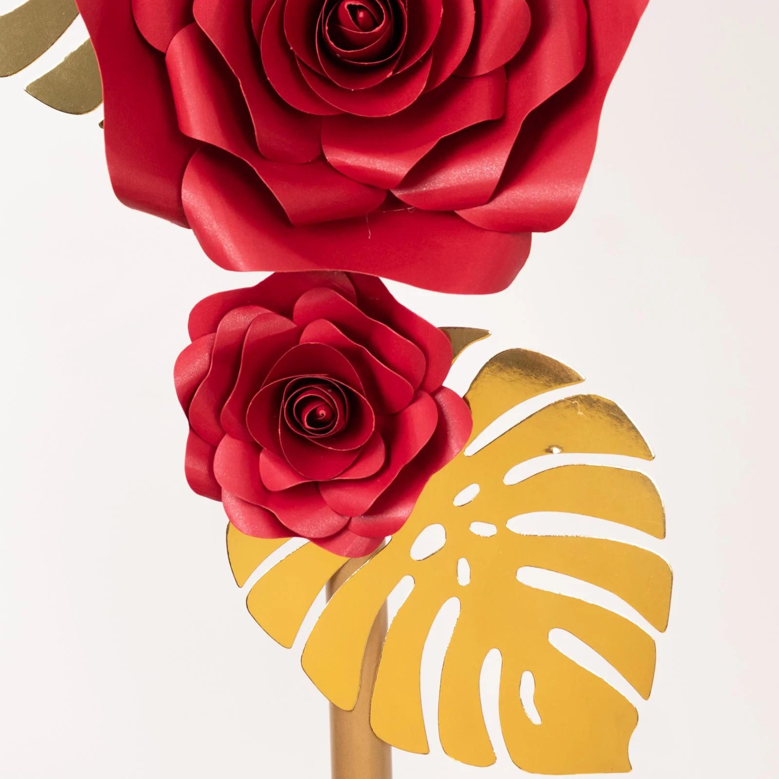 Set of 9 Red 3D Rose Paper Flowers with Gold Monstera Leaves, Nursery Flower Backdrop Hanging Wall Decor - Image 10