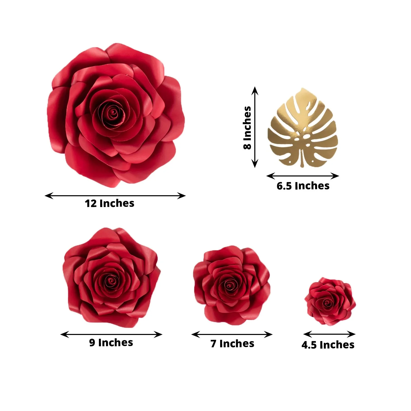Set of 9 Red 3D Rose Paper Flowers with Gold Monstera Leaves, Nursery Flower Backdrop Hanging Wall Decor - Image 2