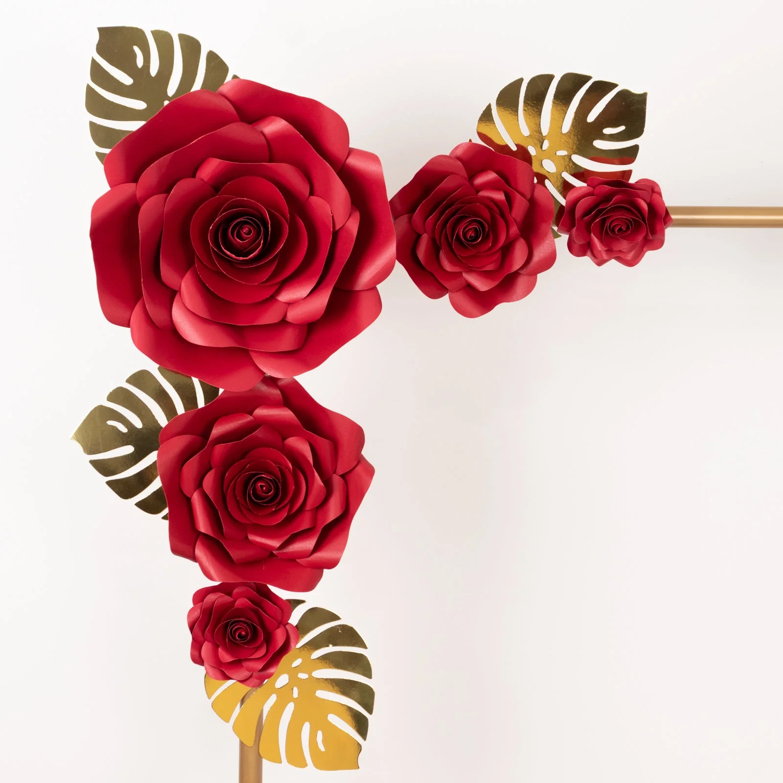 Set of 9 Red 3D Rose Paper Flowers with Gold Monstera Leaves, Nursery Flower Backdrop Hanging Wall Decor - Image 5