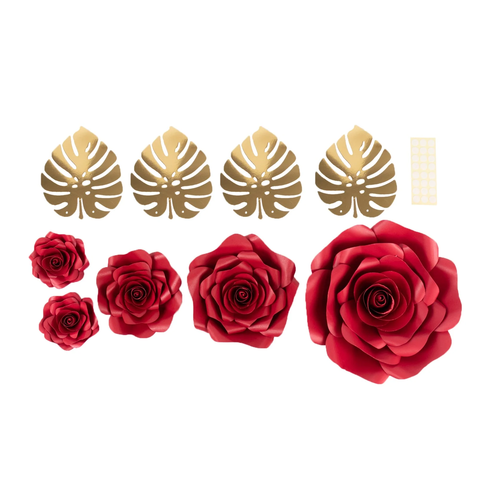 Set of 9 Red 3D Rose Paper Flowers with Gold Monstera Leaves, Nursery Flower Backdrop Hanging Wall Decor - Image 6
